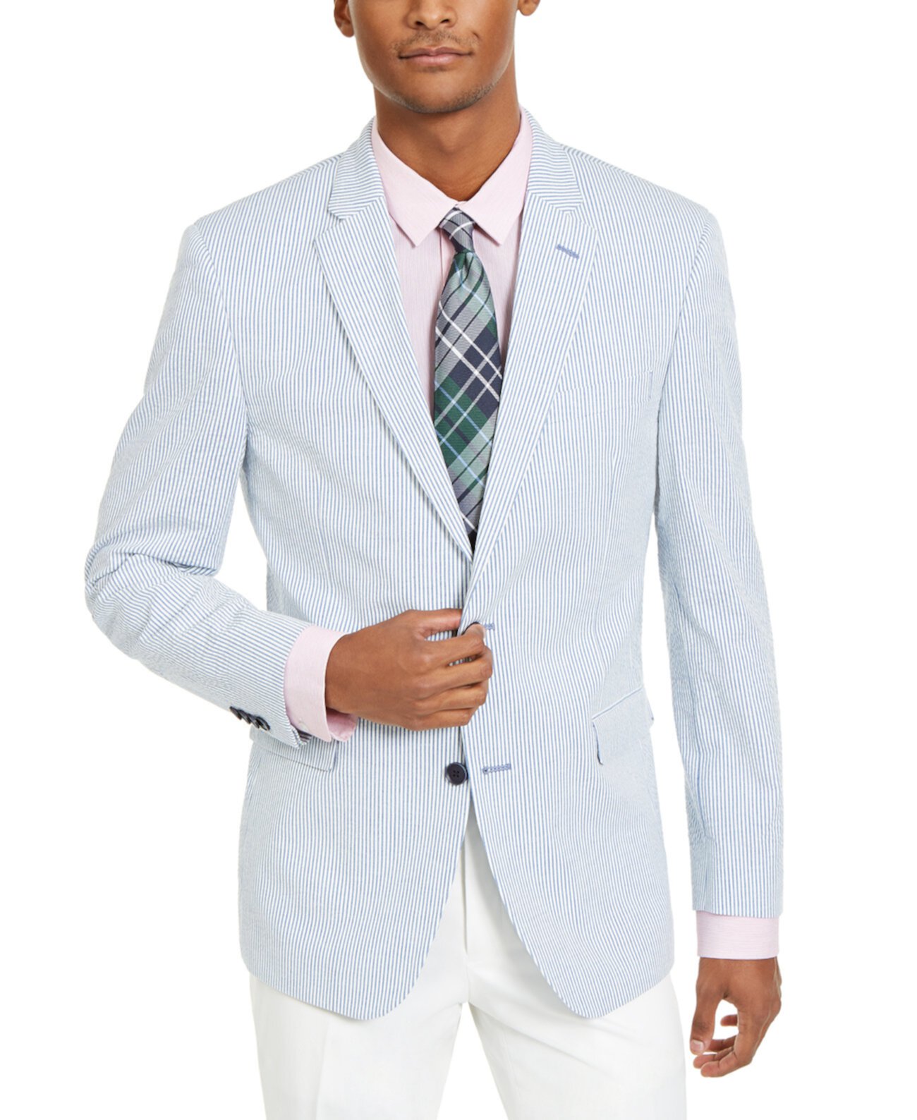 Мужское современное эластичное синее / белое спортивное пальто в полоску из полосатой кожи Tommy Hilfiger