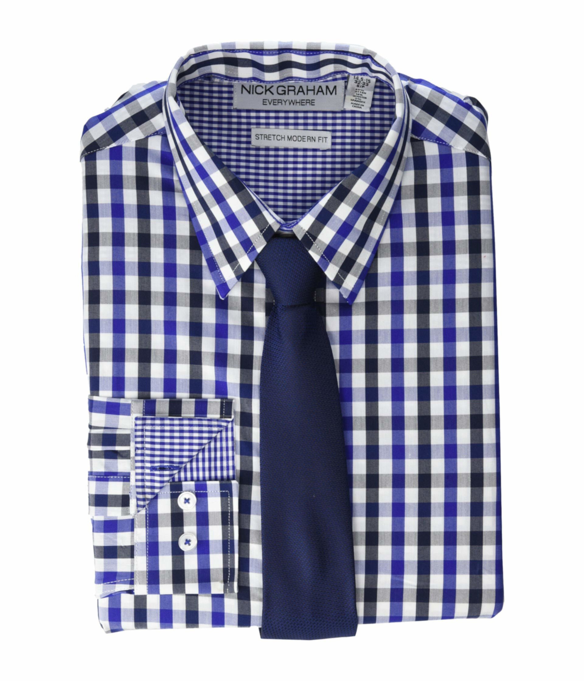 Растягивающаяся классическая рубашка и галстук Gingham Contrast CVC Nick Graham