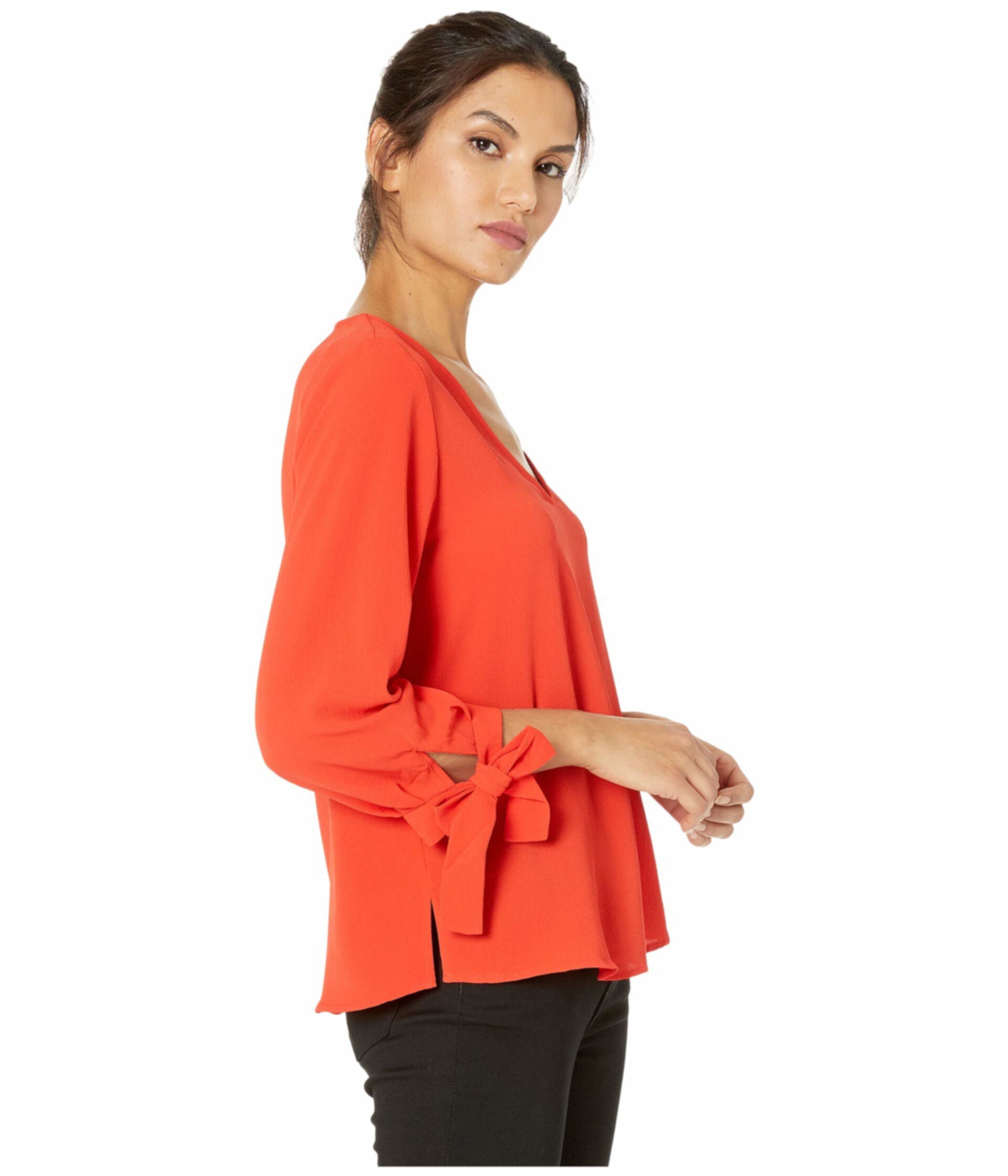 3/4 Sleeve V-Neck Blouse with Sleeve Ties CeCe