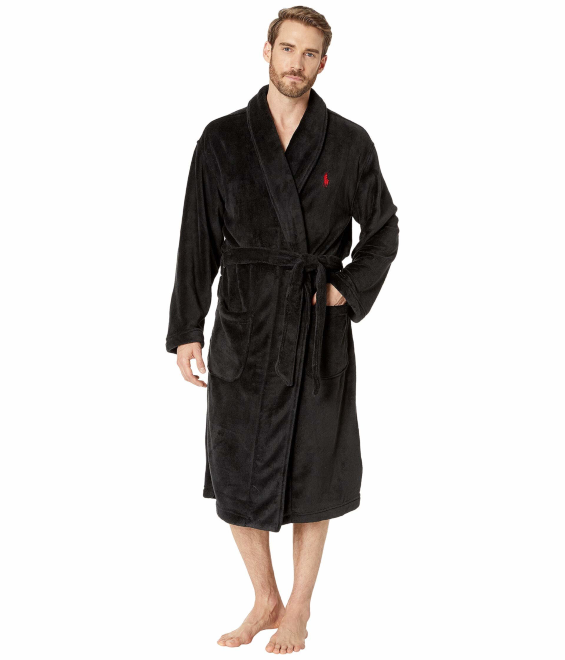 Плюшевый халат с длинным рукавом из микрофибры с шалевым воротником Polo Ralph Lauren