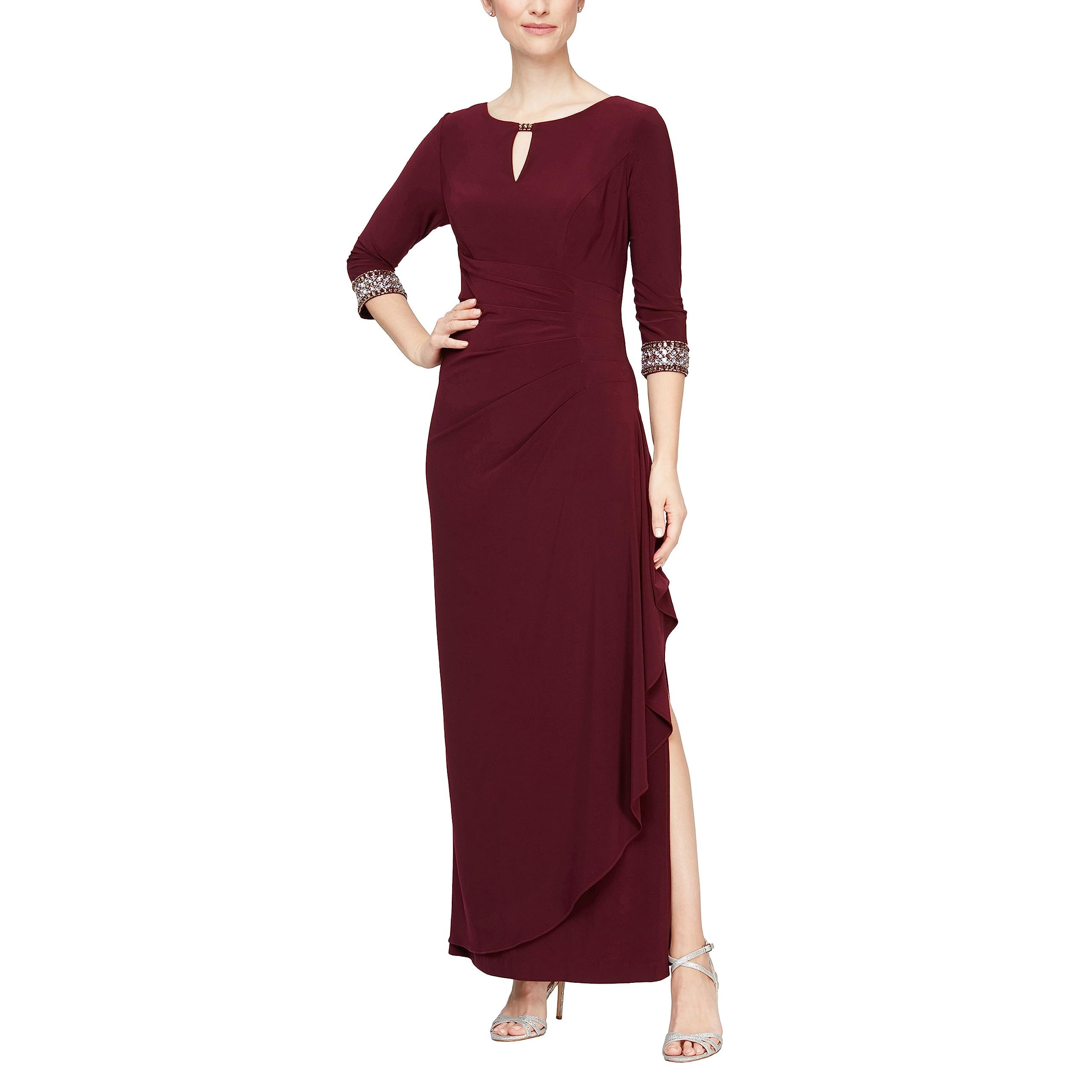 Long A-Line Dress with Embellished Sleeves and Neckline Alex Evenings