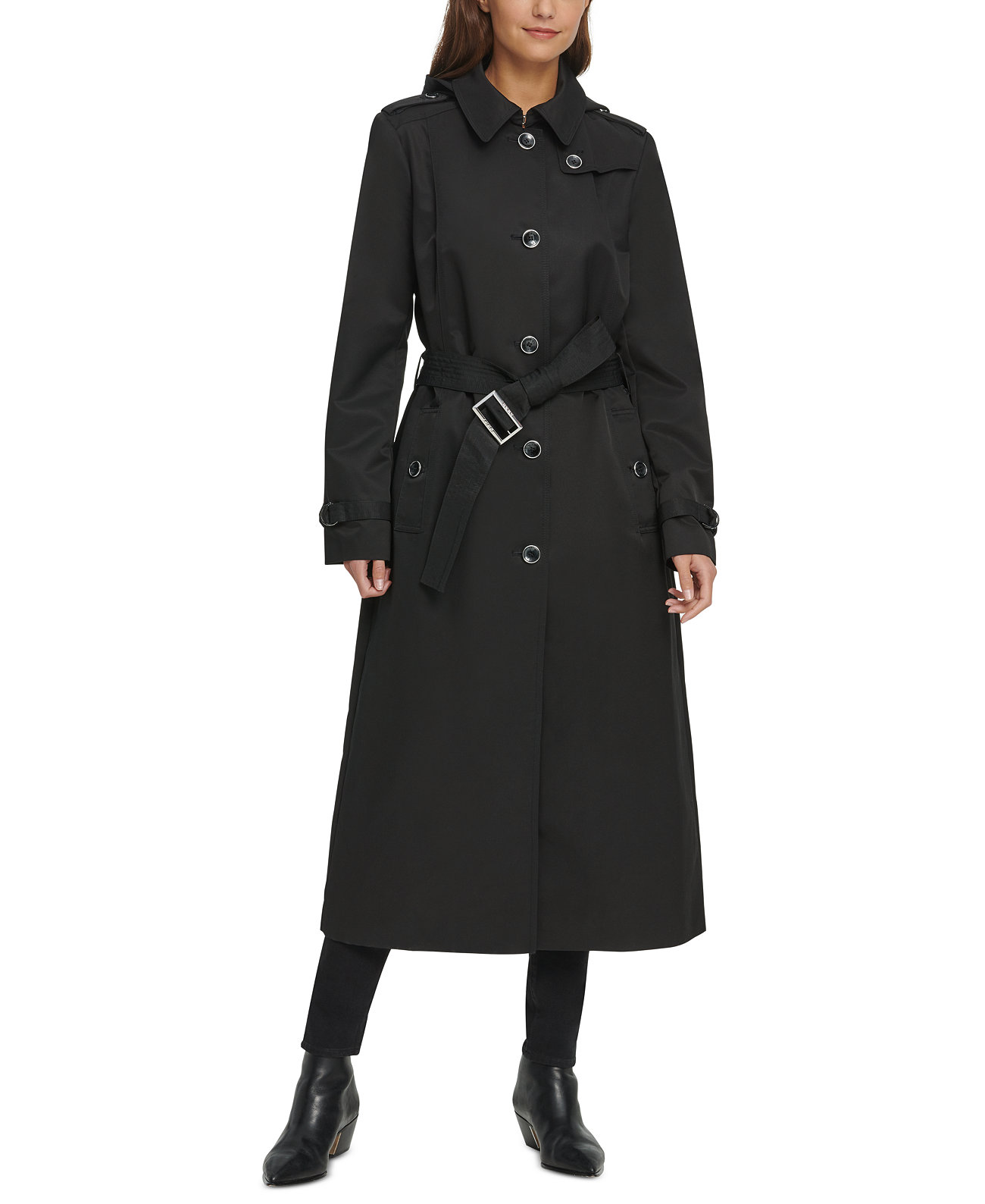 Водонепроницаемое пальто-макси с капюшоном с поясом DKNY
