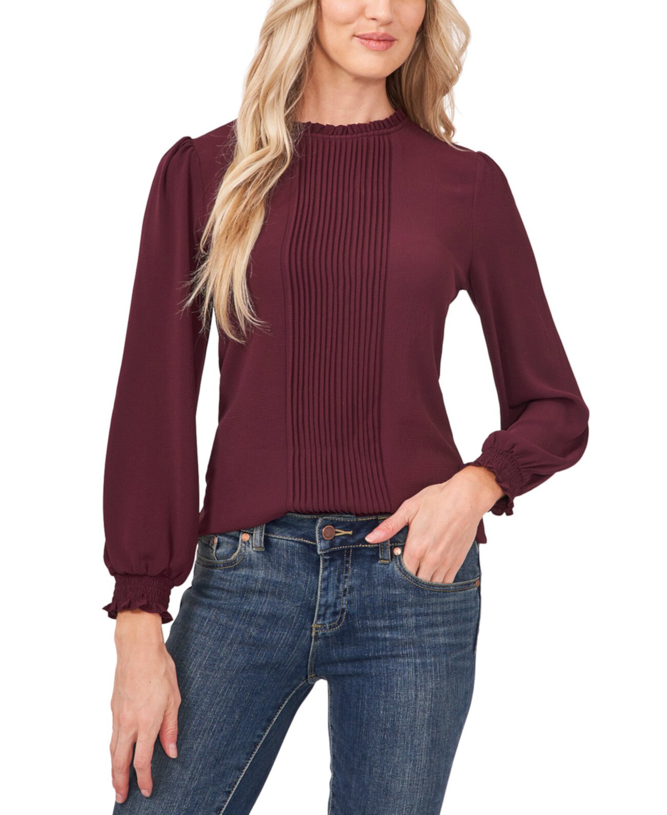 Women's Long Sleeve Smocked Cuff Pin-Tuck Front Blouse CeCe