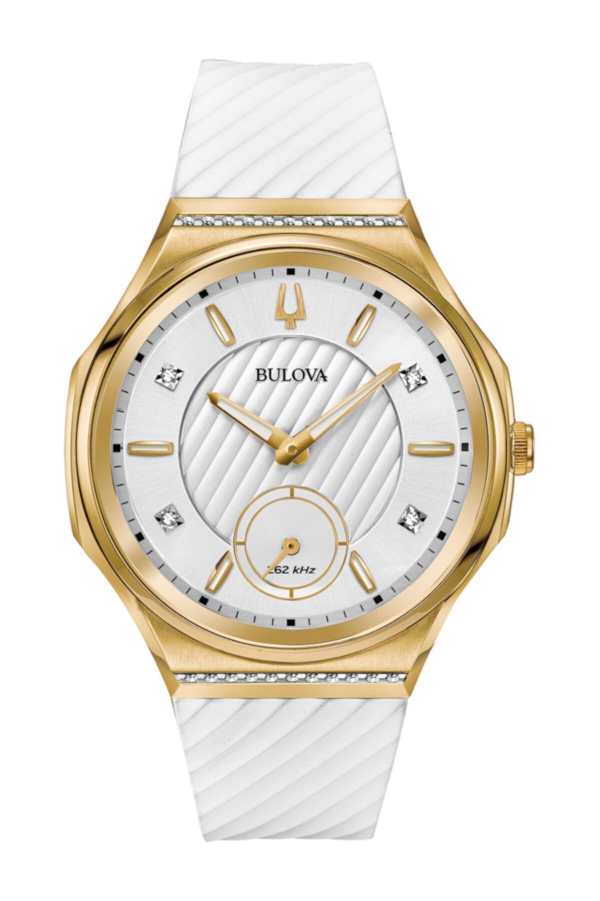 Женские часы CURV Gold Diamond с белым циферблатом и каучуковым ремешком, 40,5 мм - 0,12 карата Bulova
