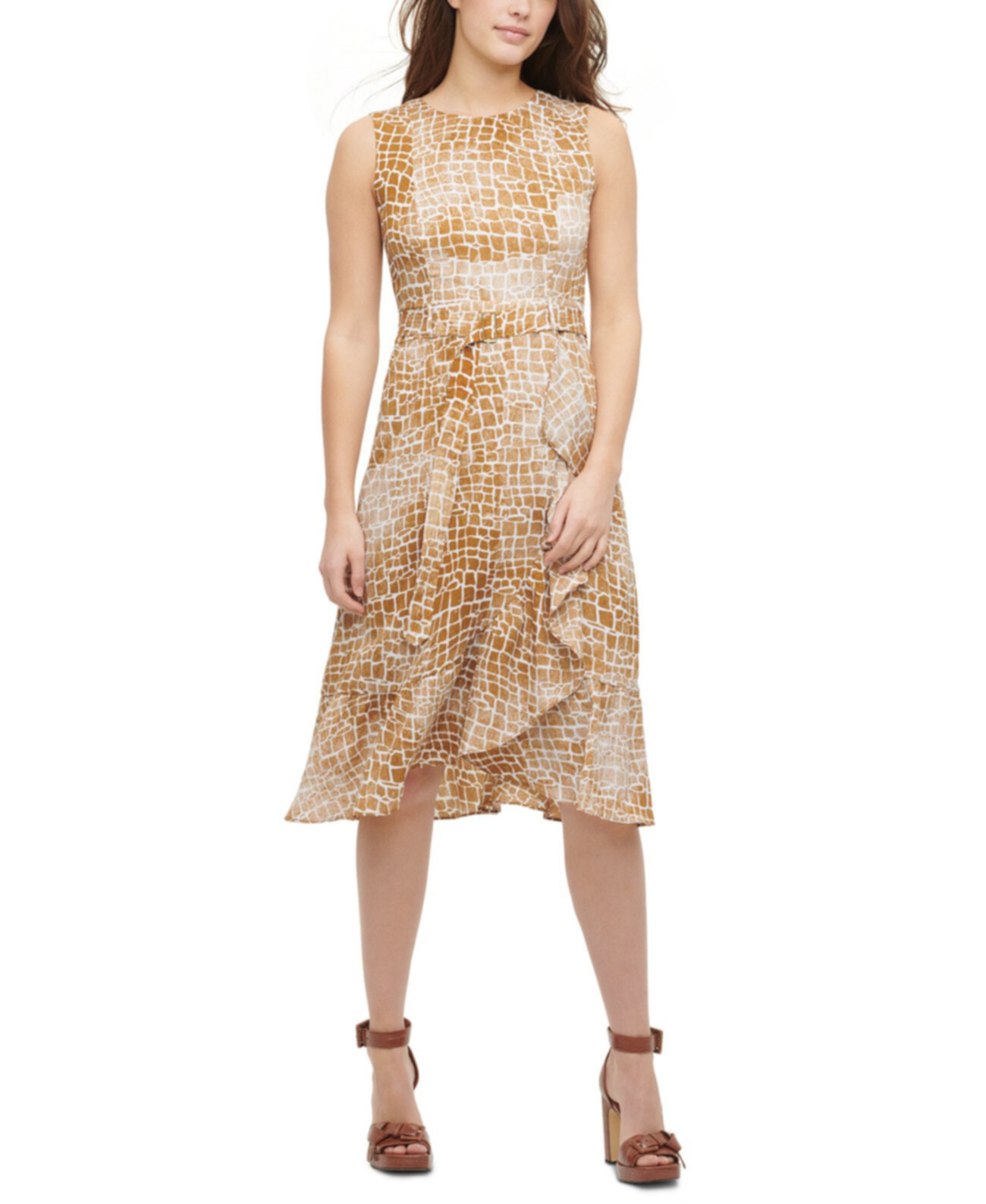Платье с рюшами и принтом с принтом Calvin Klein