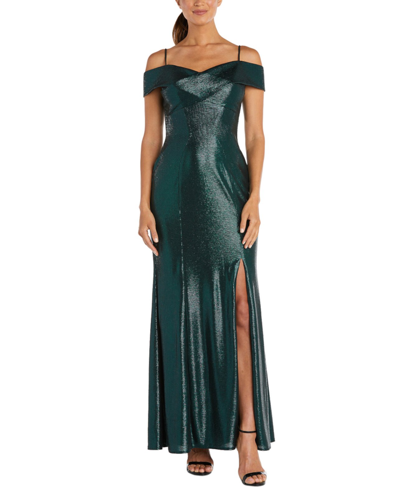 Вечернее платье цвета металлик с открытыми плечами Nightway Petite R & M Richards