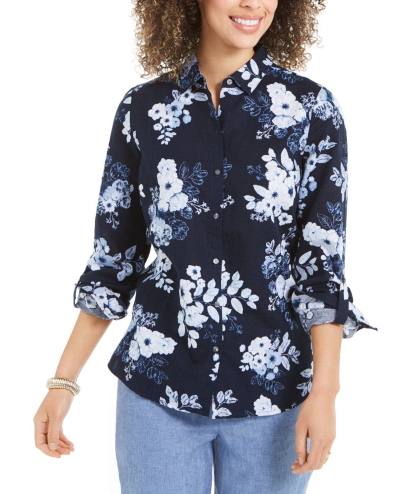 Рубашка из льна с цветочным принтом, созданная для Macy's Charter Club
