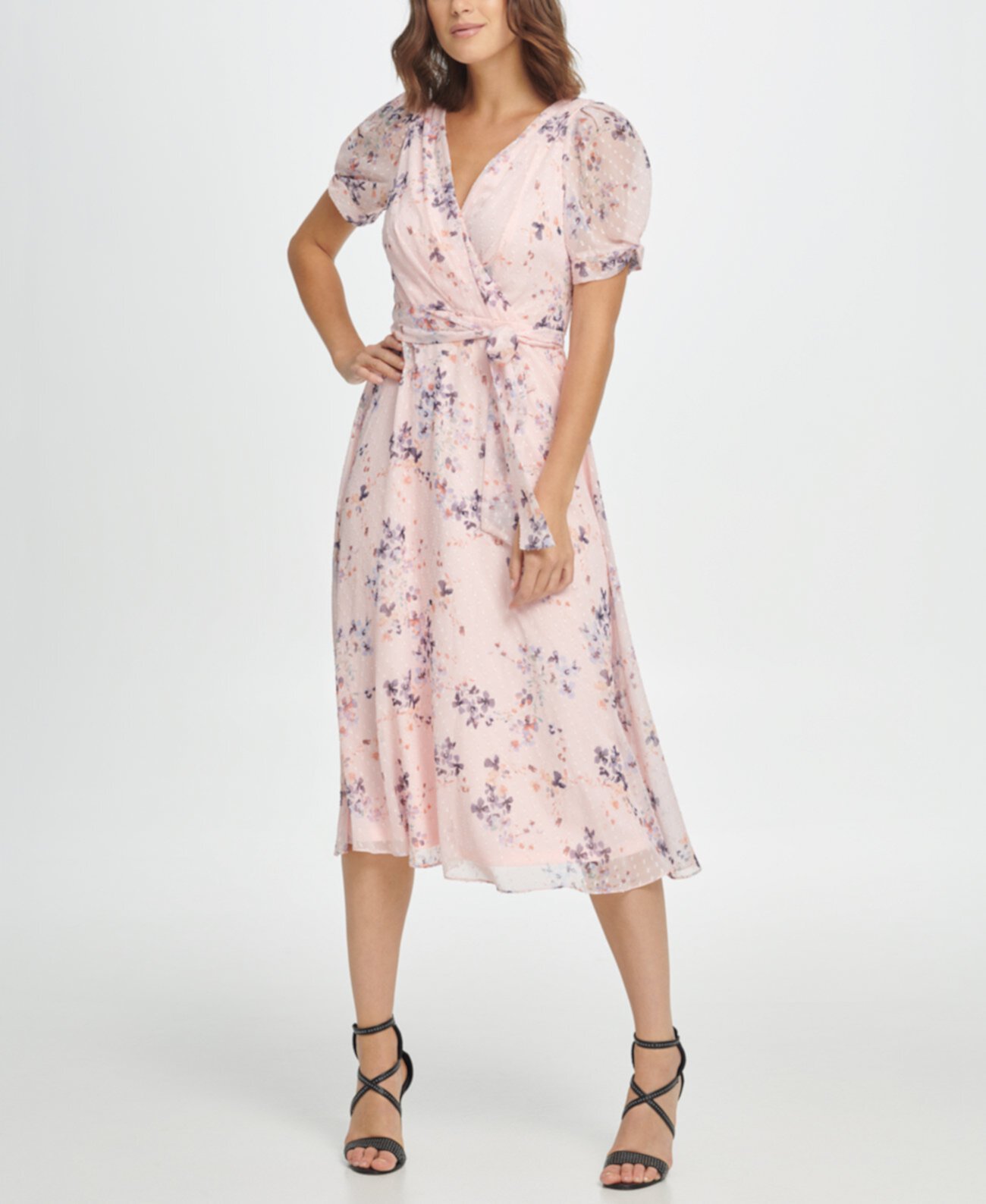 Платье миди с v-образным вырезом и цветочным рукавом DKNY