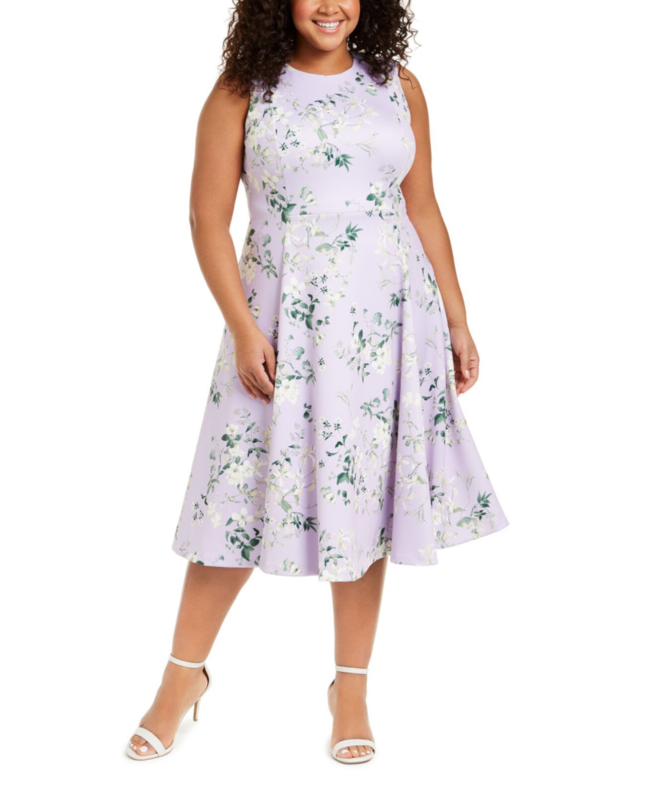 Платье большого размера с цветочным принтом и клеш Calvin Klein