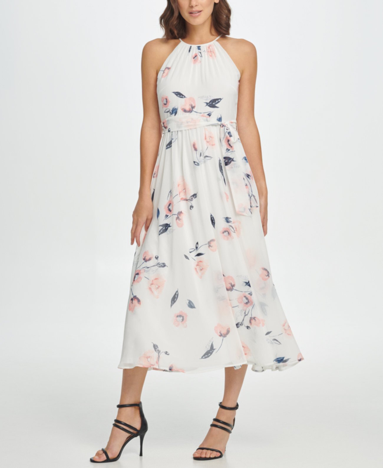 Платье миди с цветочным принтом и клеш DKNY
