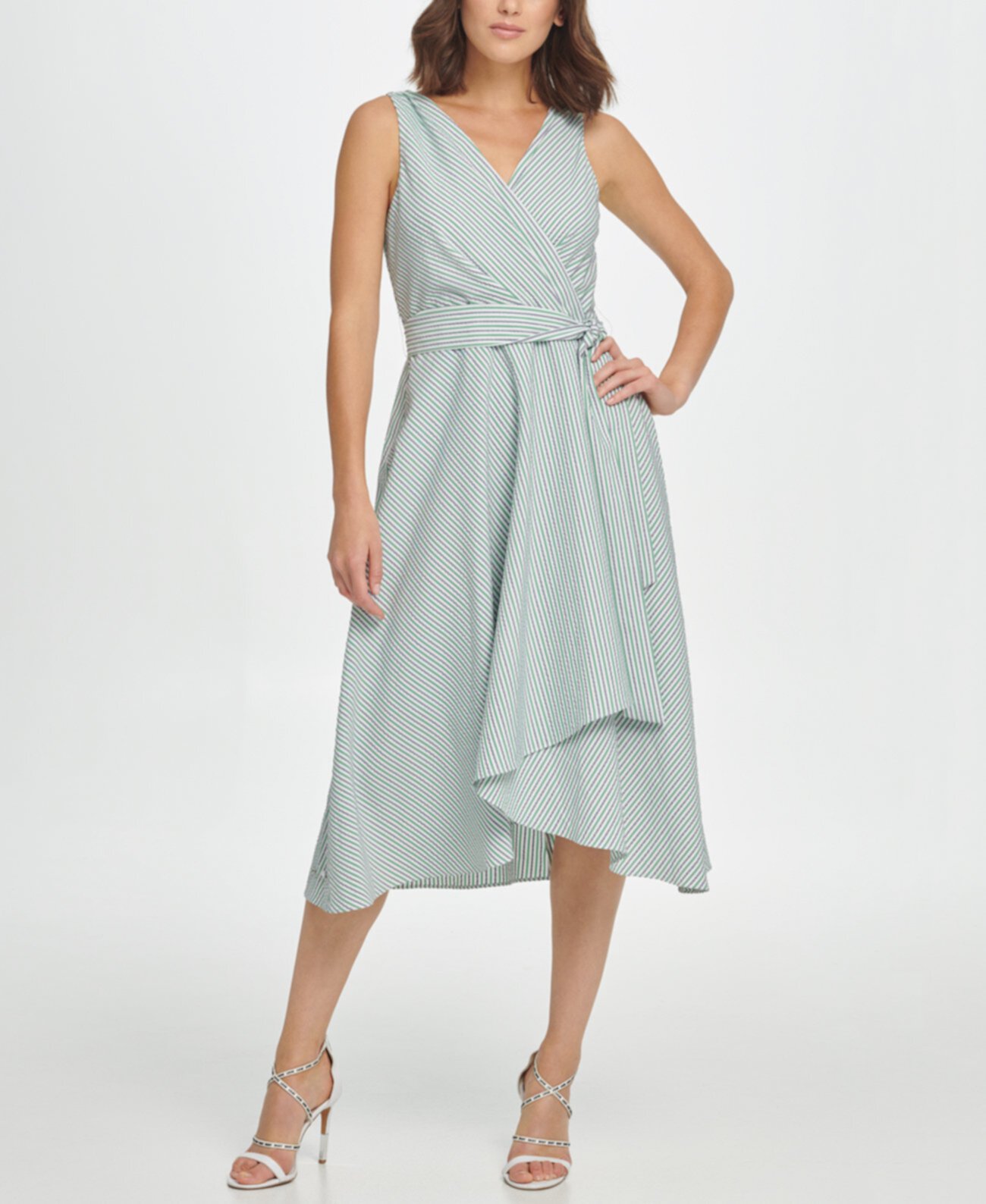 Платье без рукавов с двойным V-образным вырезом и поясом DKNY
