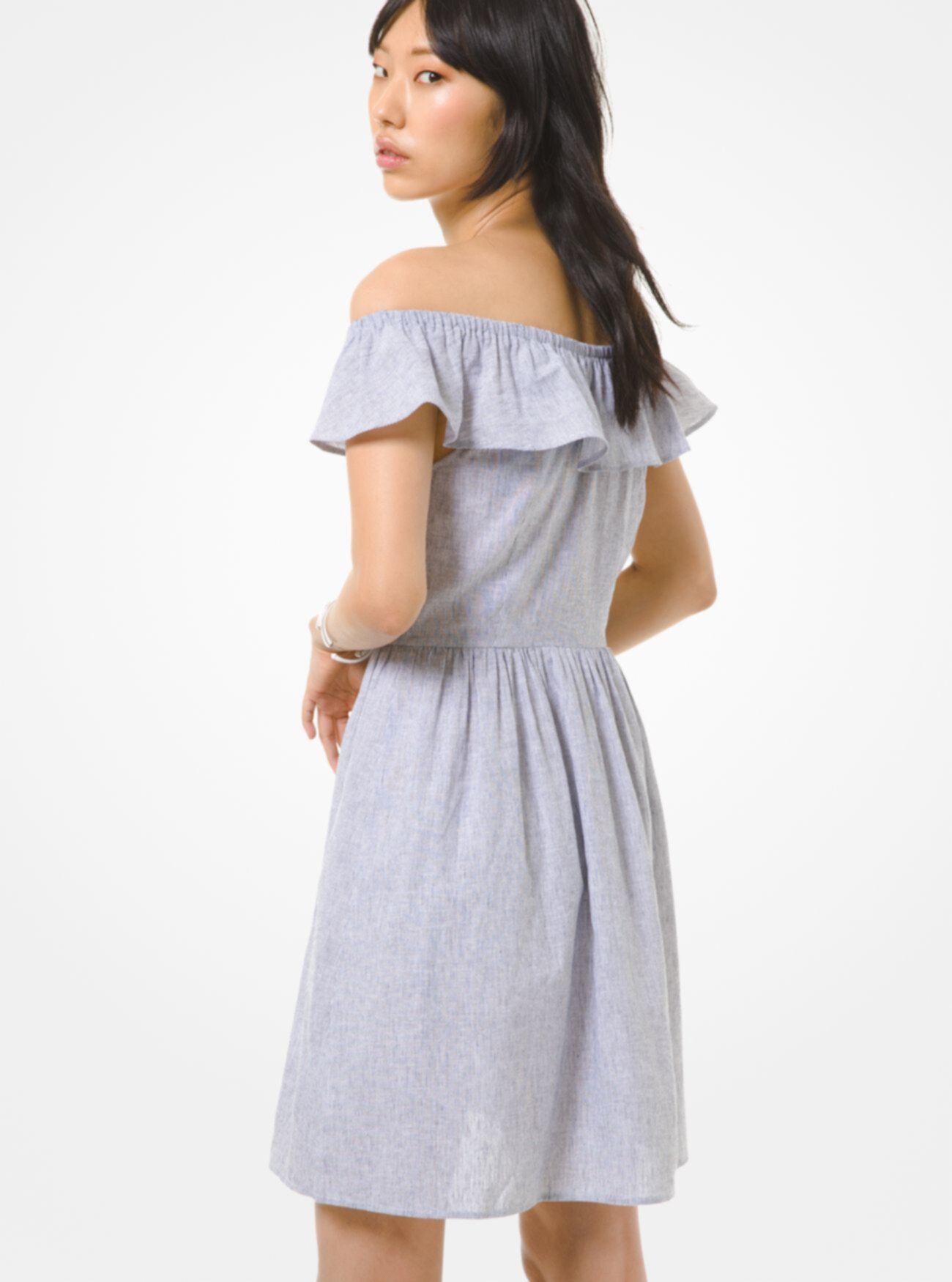 Платье в полоску из льна и хлопка с открытыми плечами Michael Kors