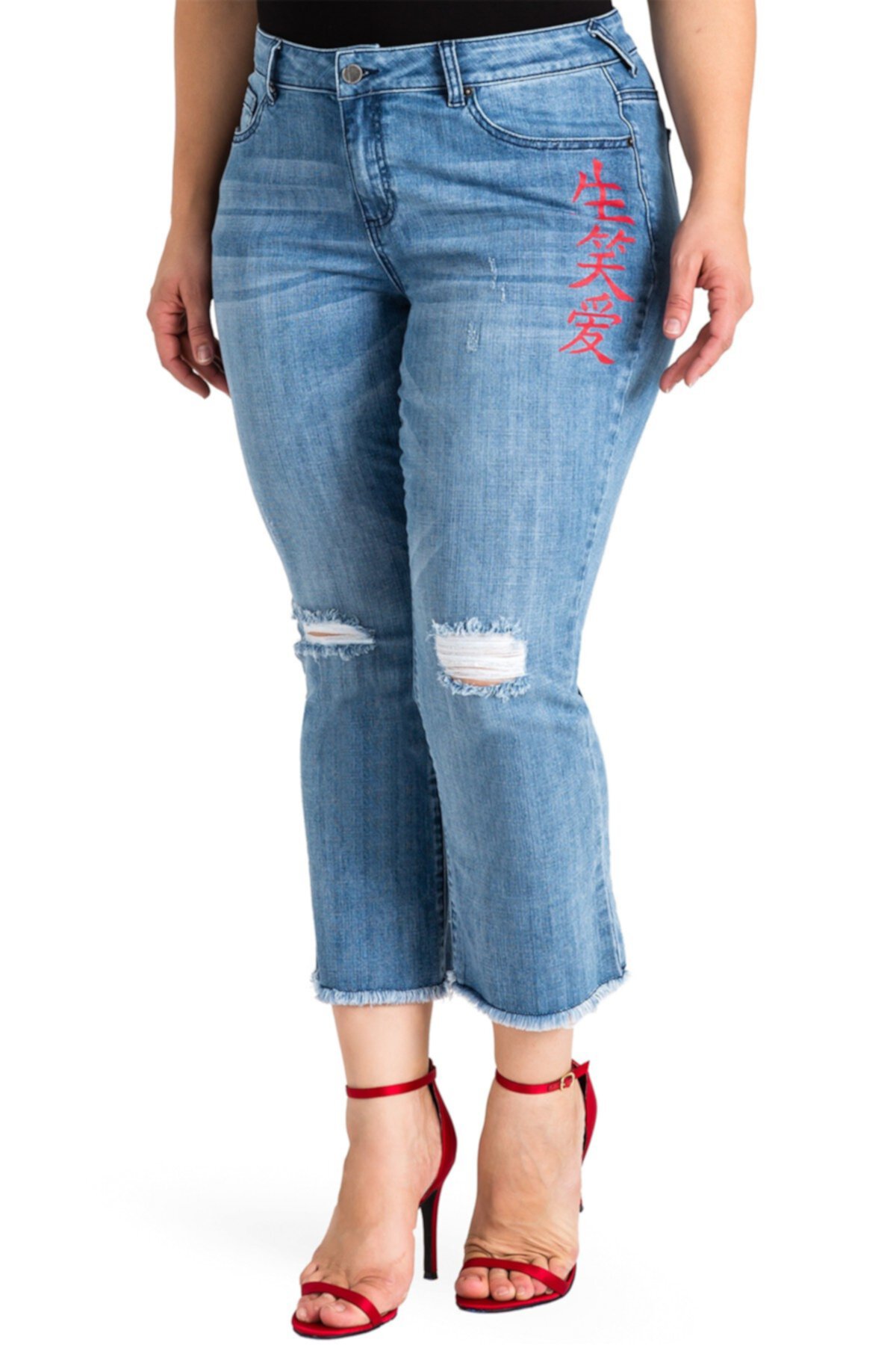 Расклешенные укороченные джинсы с китайскими иероглифами (плюс размер) Standards & Practices