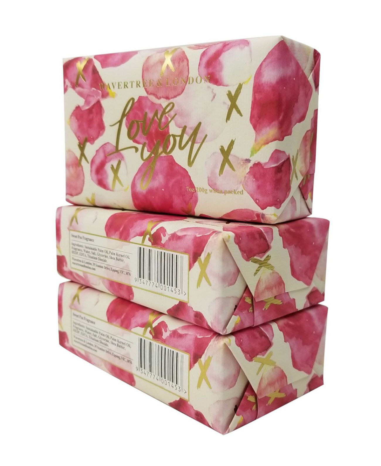 Love You - Petals - кусковое мыло, упаковка из 3 штук по 7 унций каждая Wavertree & London