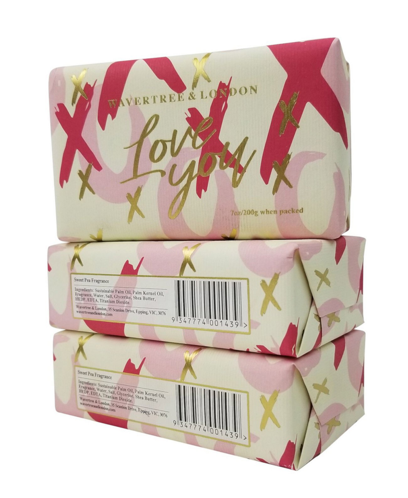 Love You - Xox - Кусковое мыло, упаковка из 3 штук по 7 унций каждая Wavertree & London