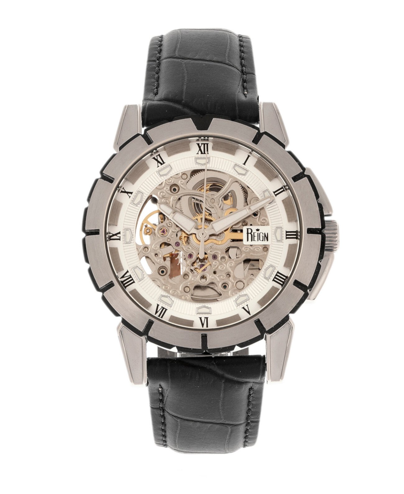 Philippe Автоматический белый циферблат, часы из натуральной черной кожи 41 мм Reign
