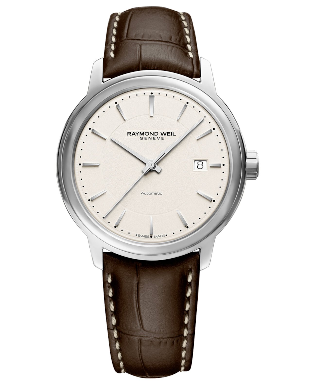 Мужские швейцарские автоматические часы Maestro Brown с кожаным ремешком 40мм Raymond Weil