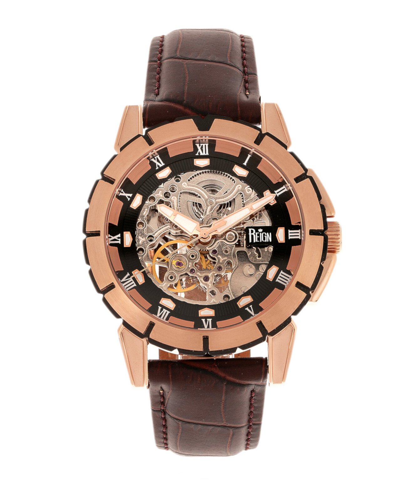 Philippe Автоматический корпус из розового золота, черный циферблат, часы из натуральной коричневой кожи 41 мм Reign