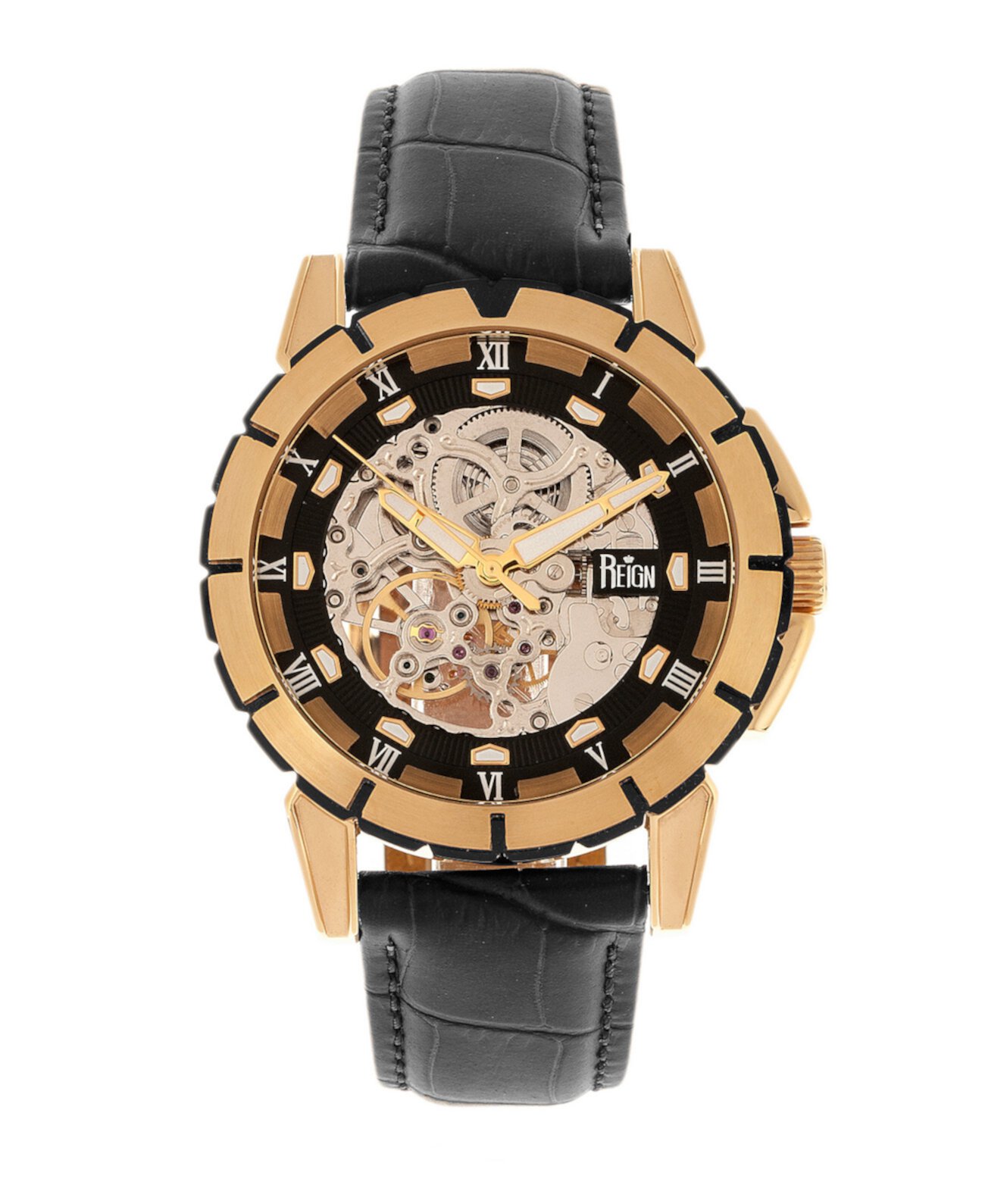 Philippe Автоматический корпус из розового золота, черный циферблат, часы из натуральной черной кожи 41 мм Reign