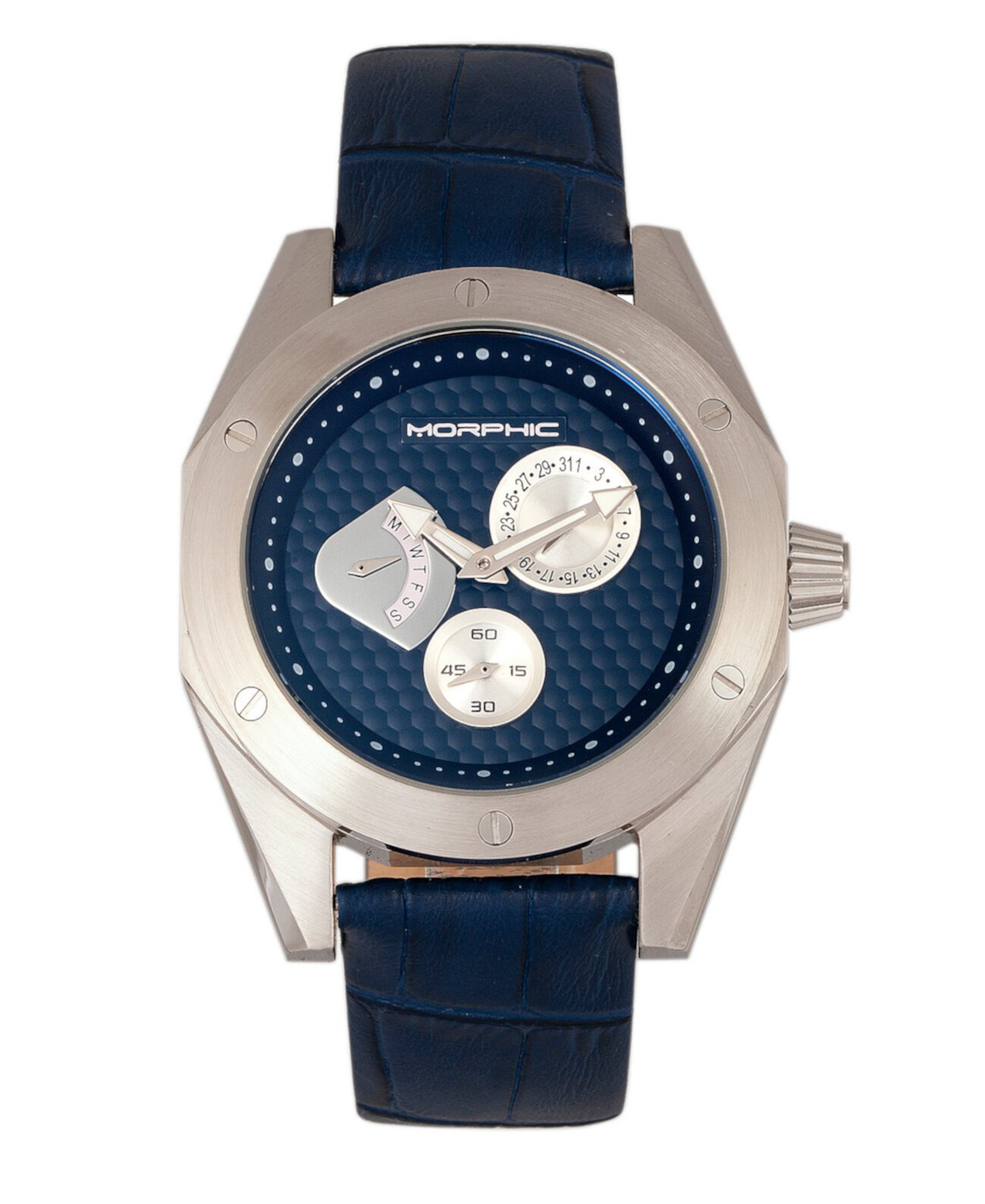 Серия M46, Серебряный корпус, Мужские часы с темно-синим кожаным ремешком, дата, 44 мм Morphic