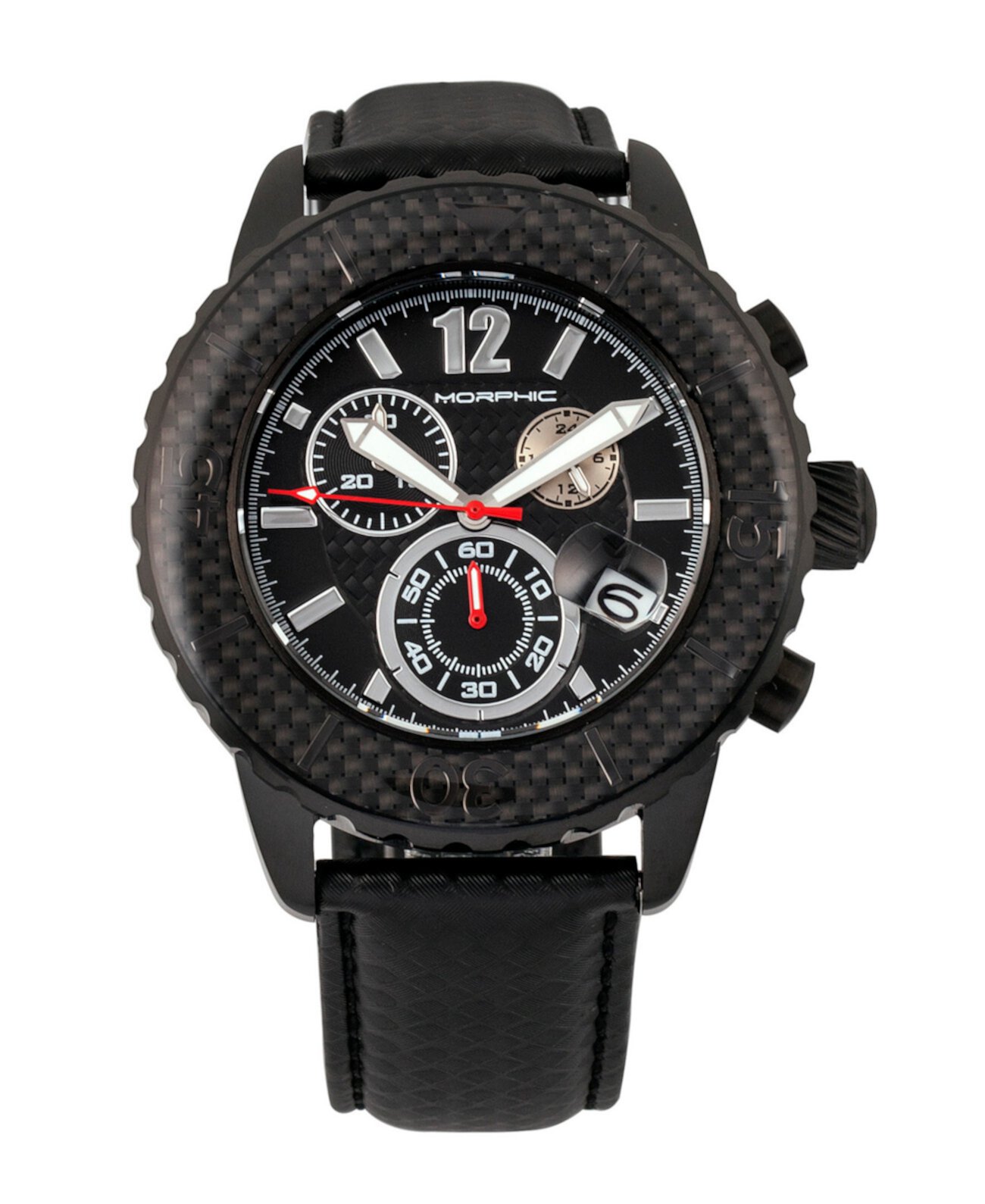 Серия M51, черный корпус, черные кожаные часы с хронографическим ремешком с датой Morphic