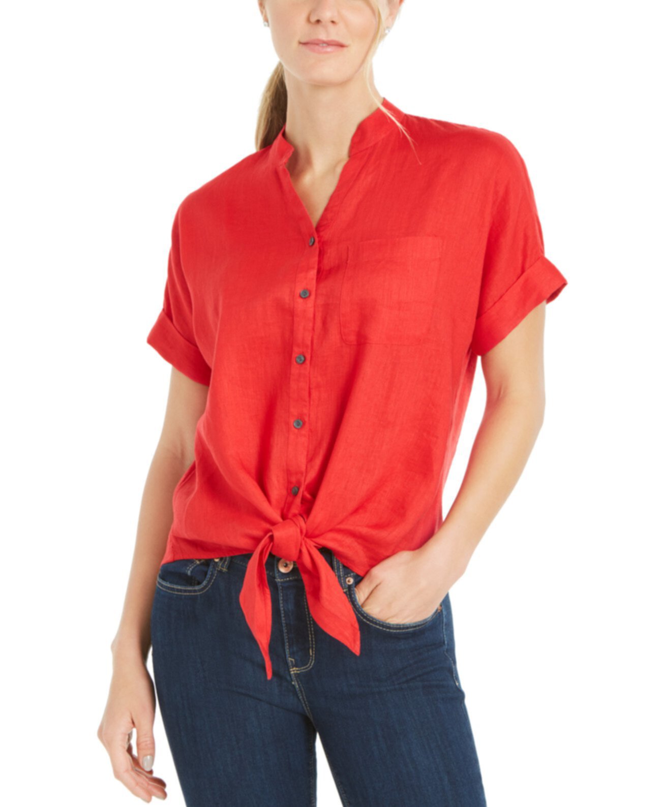 Petite Linen Tie-Front Shirt, Created for Macy's Charter Club