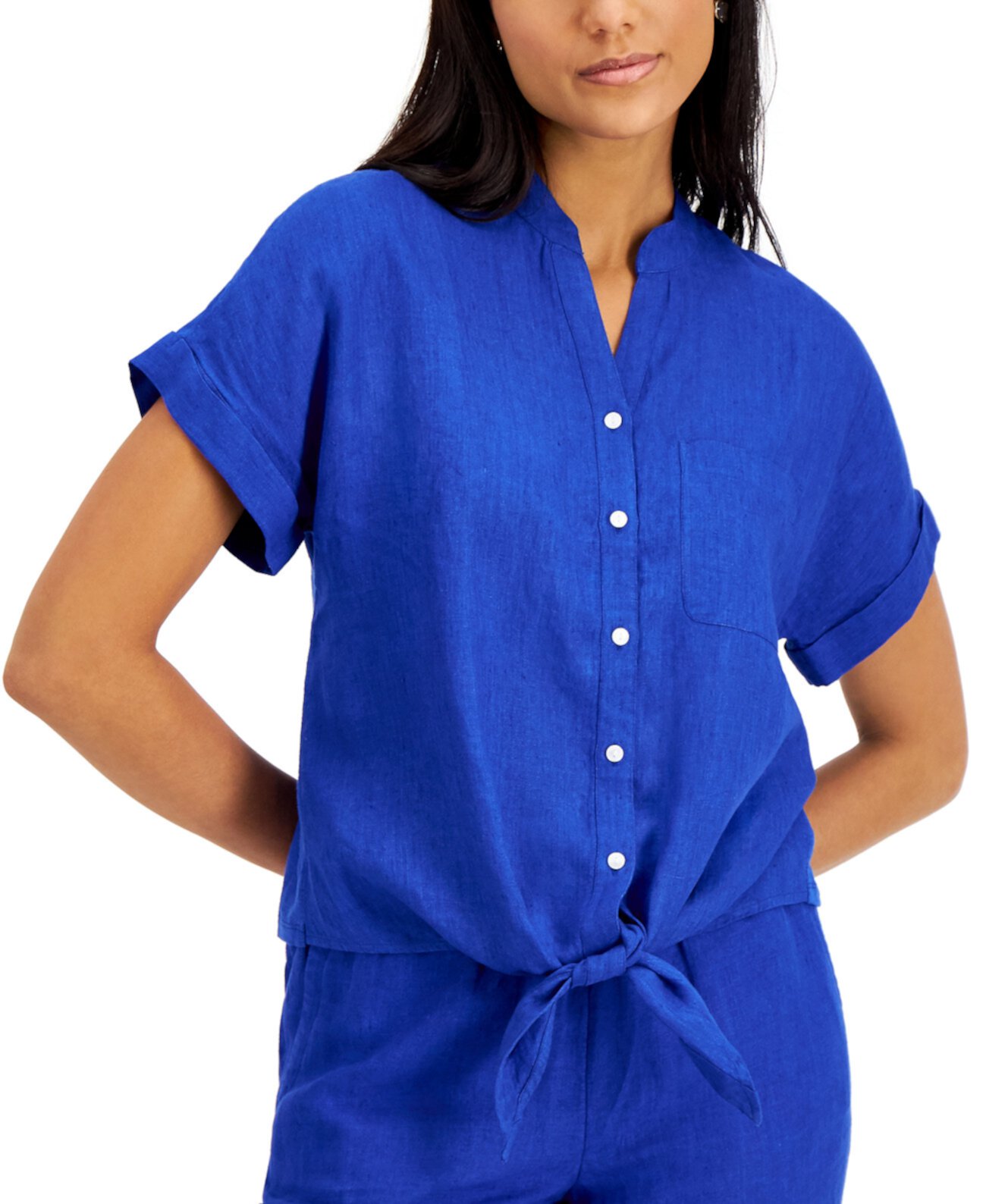 Льняная рубашка на пуговицах с завязками спереди, созданная для Macy's Charter Club