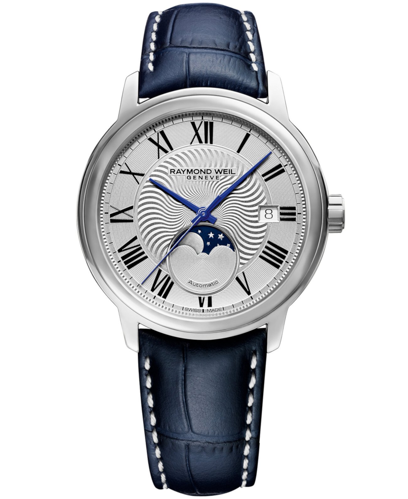 Мужские часы Swiss Maestro Moonphase с темно-синим кожаным ремешком, 39,5 мм Raymond Weil