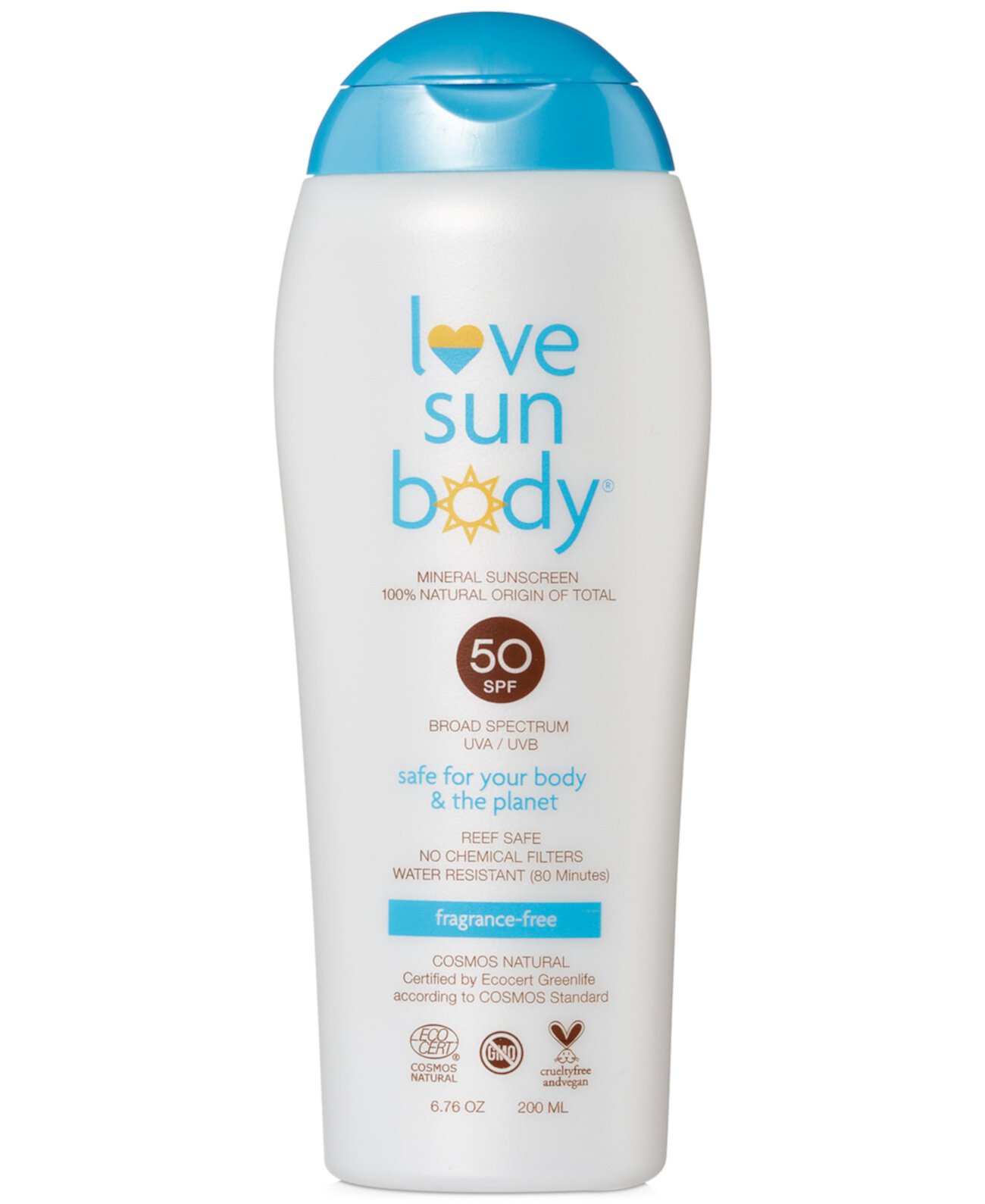 Солнцезащитный крем SPF 50 100% натурального происхождения - без запаха, 6,76 унций. Love Sun Body