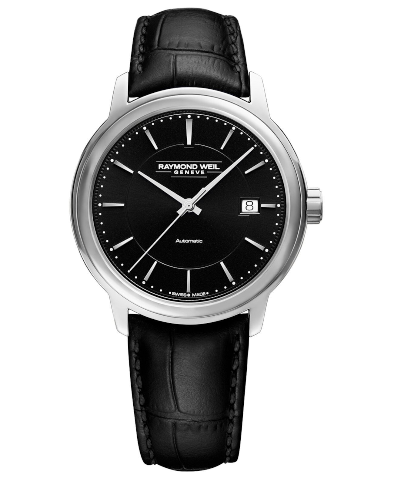 Мужские швейцарские автоматические часы Maestro с черным кожаным ремешком 40 мм Raymond Weil