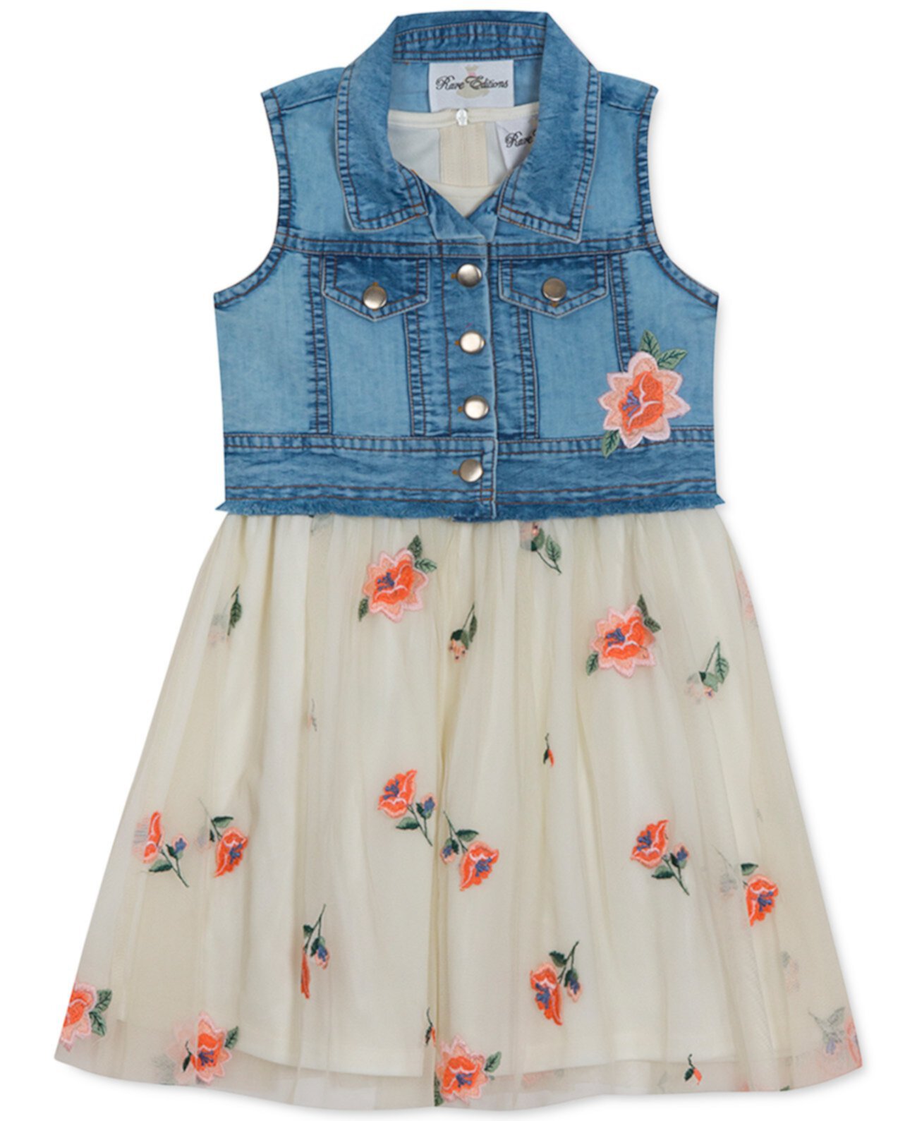 Маленькие девочки 2-шт. Джинсовое платье-жилет с цветочным принтом и вышивкой Rare Editions