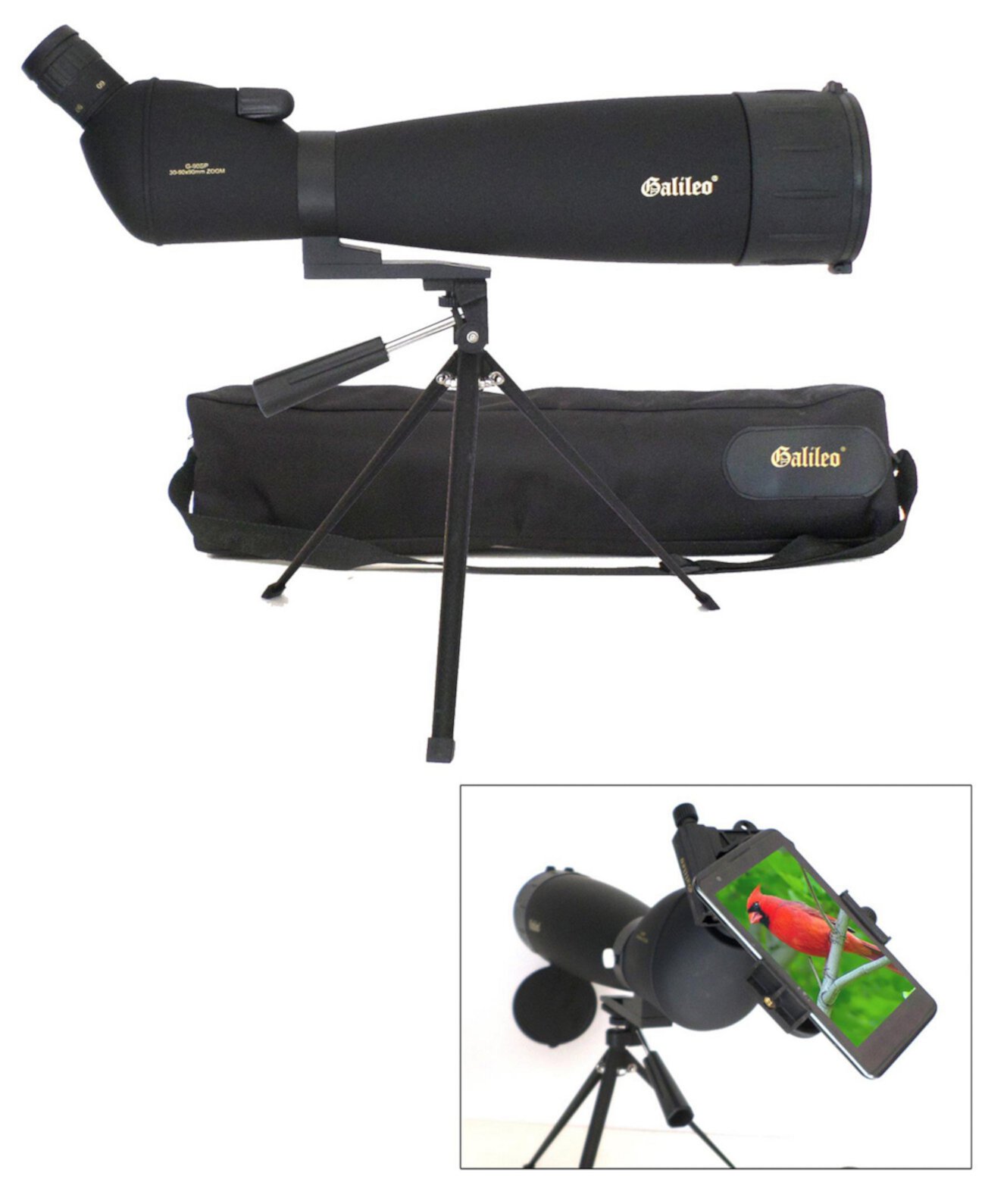 Зрительная труба с увеличением 30x - 90x с адаптером для смартфона и наплечным чехлом Galileo