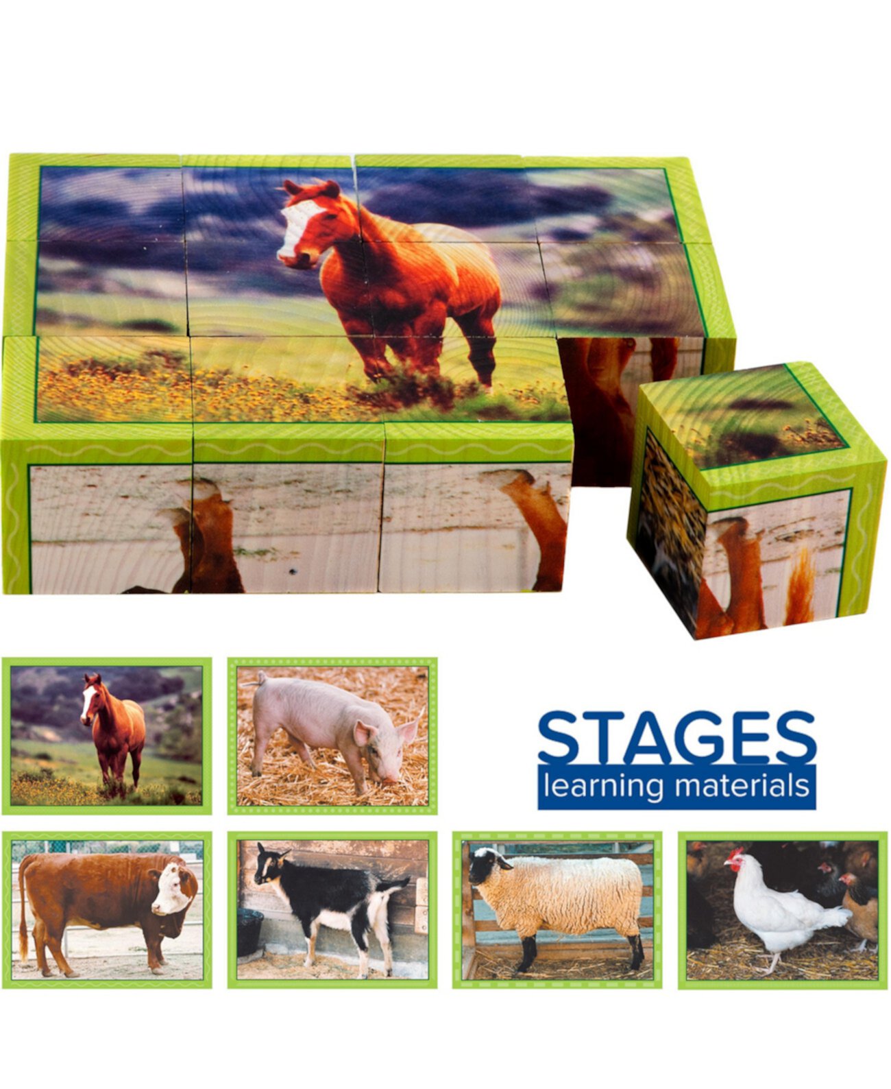 Деревянная настоящая картина ферма животных кубик головоломка 12 штук Stages Learning Materials