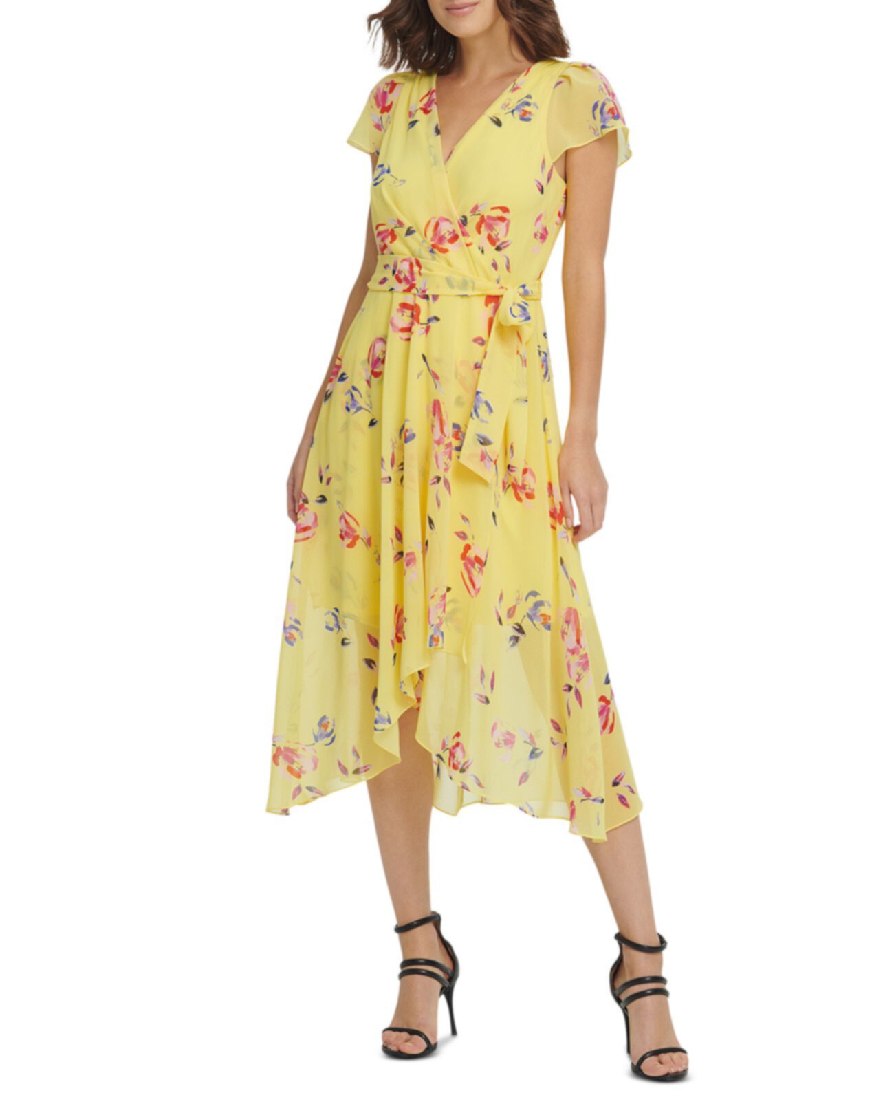 Платье миди с флаттером и цветочным принтом DKNY