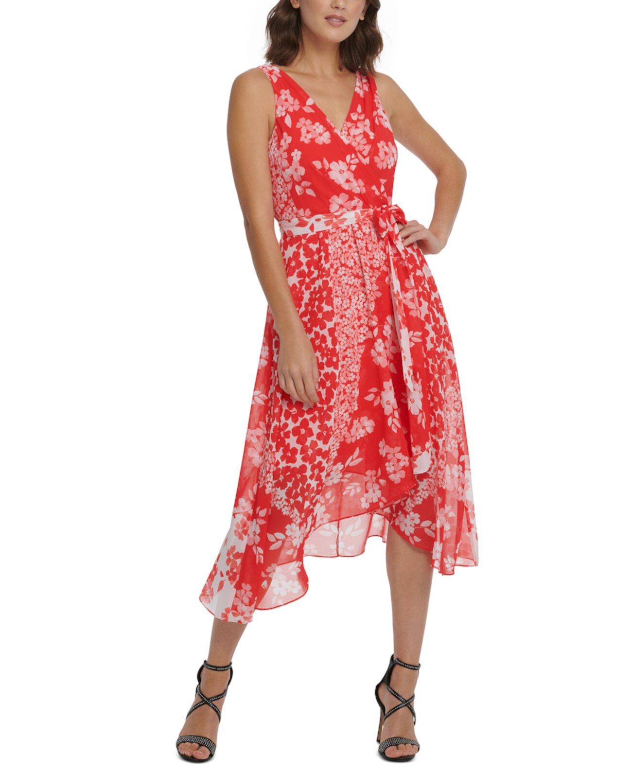 Облегающее платье миди с v-образным вырезом и поясом DKNY