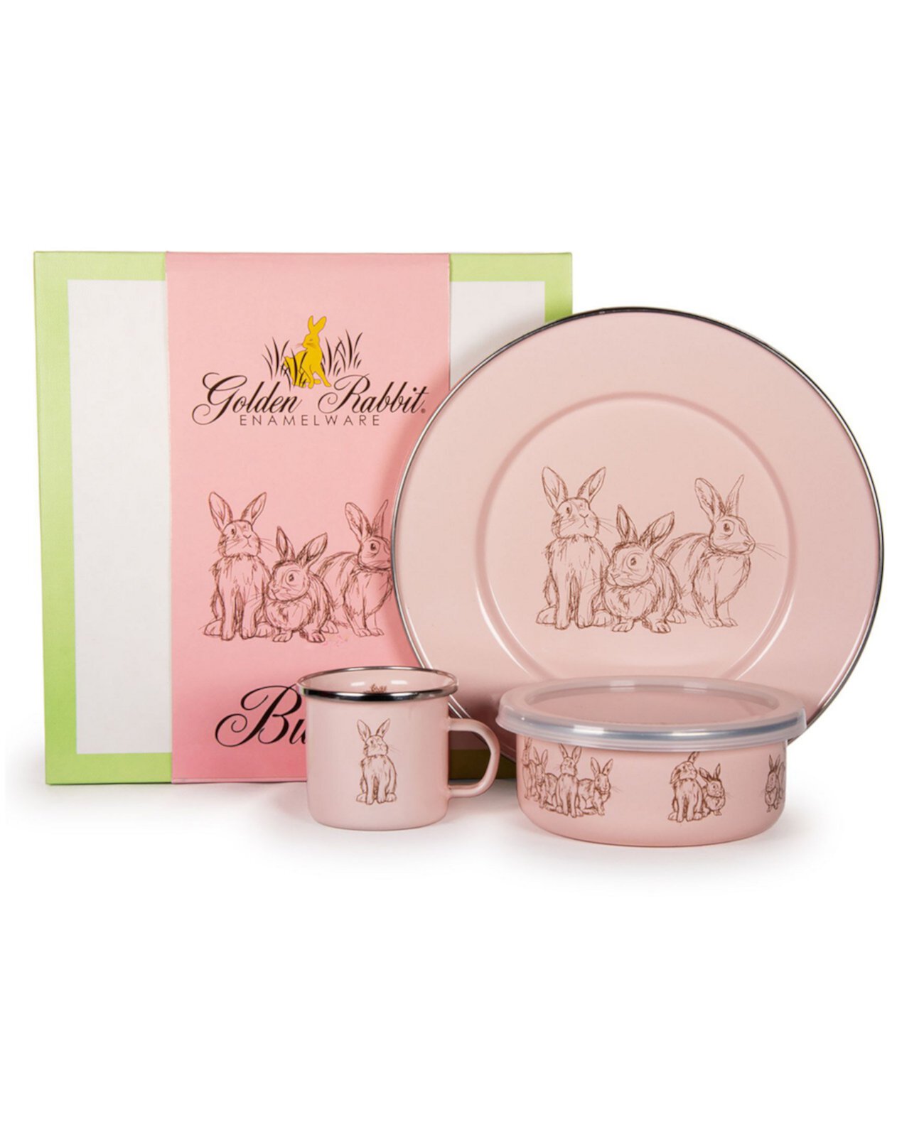 Коллекция эмалированной посуды Pink Bunnies Детский обеденный набор из 3 предметов Golden Rabbit