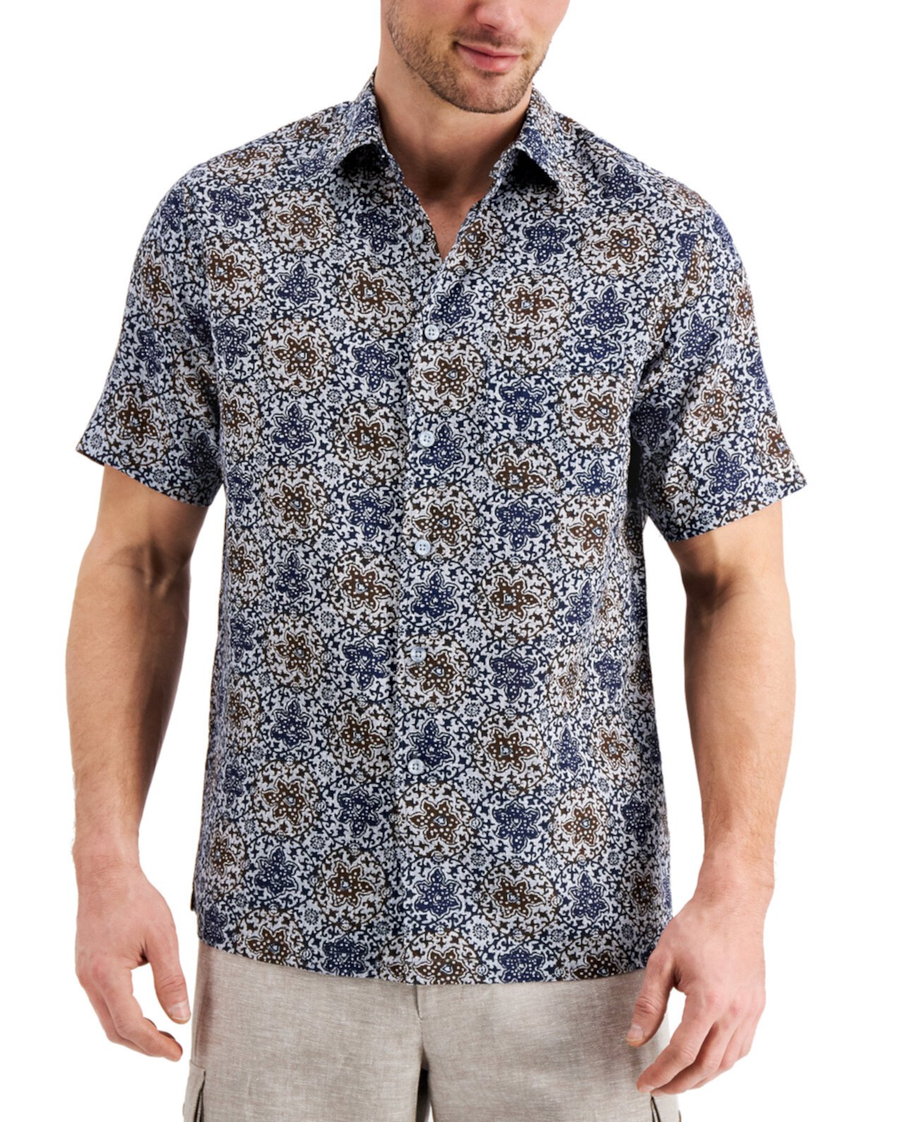 Мужская льняная рубашка с коротким рукавом Vine Print, созданная для Macy's Tasso Elba