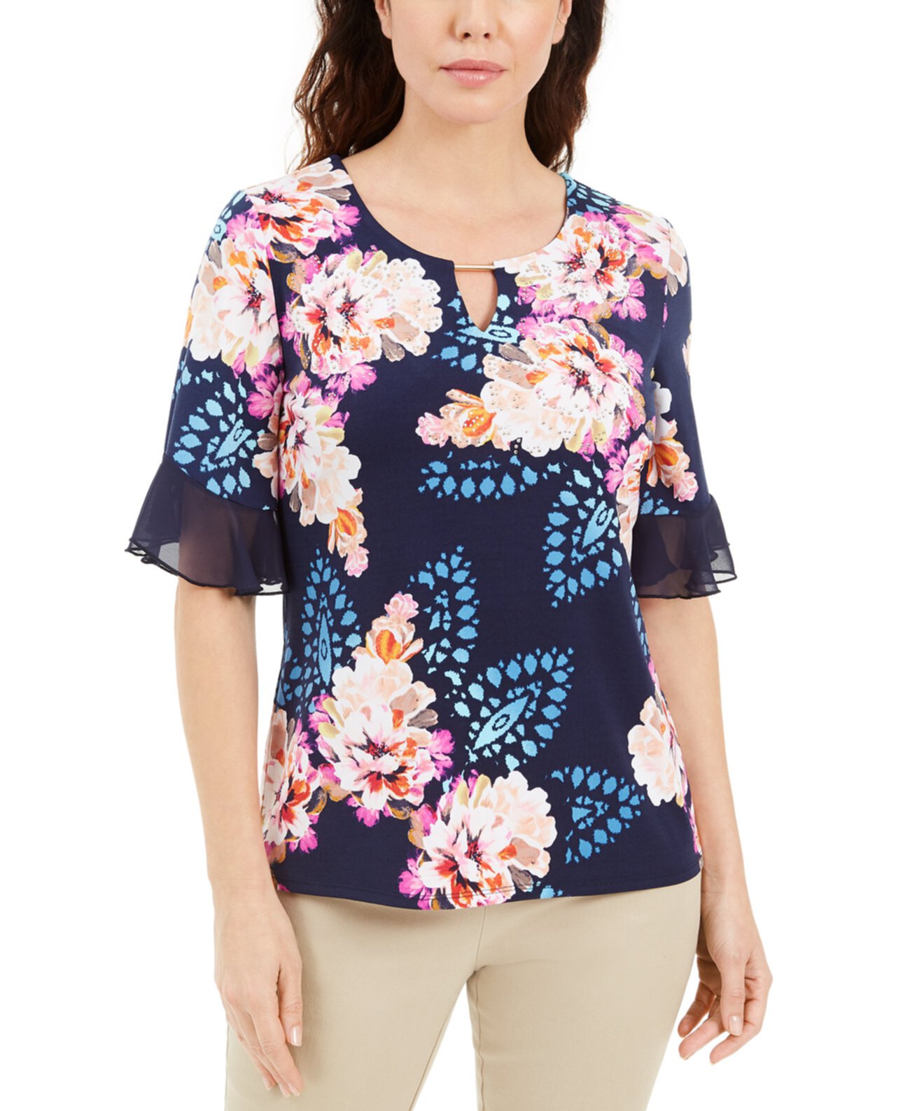 Petite Printed Ruffle-Cuff Top, Created for Macy's J&M Collection