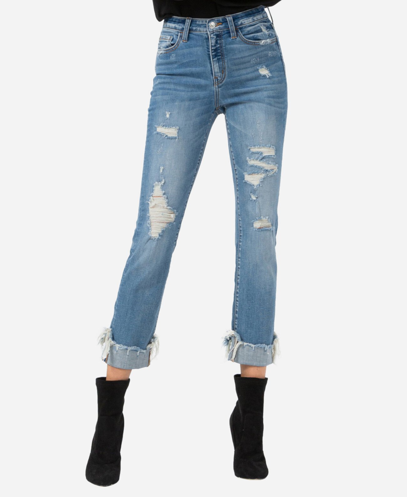 Прямые укороченные джинсы с высокой посадкой и неровным краем с манжетами VERVET