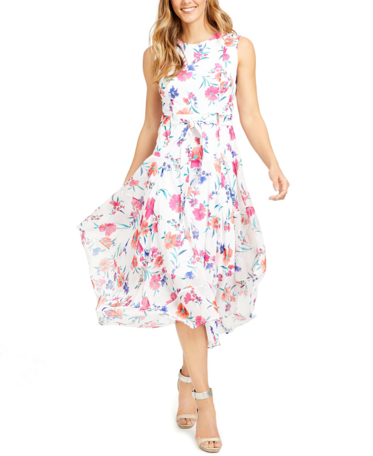 Шифоновое платье миди с цветочным принтом и поясом Calvin Klein