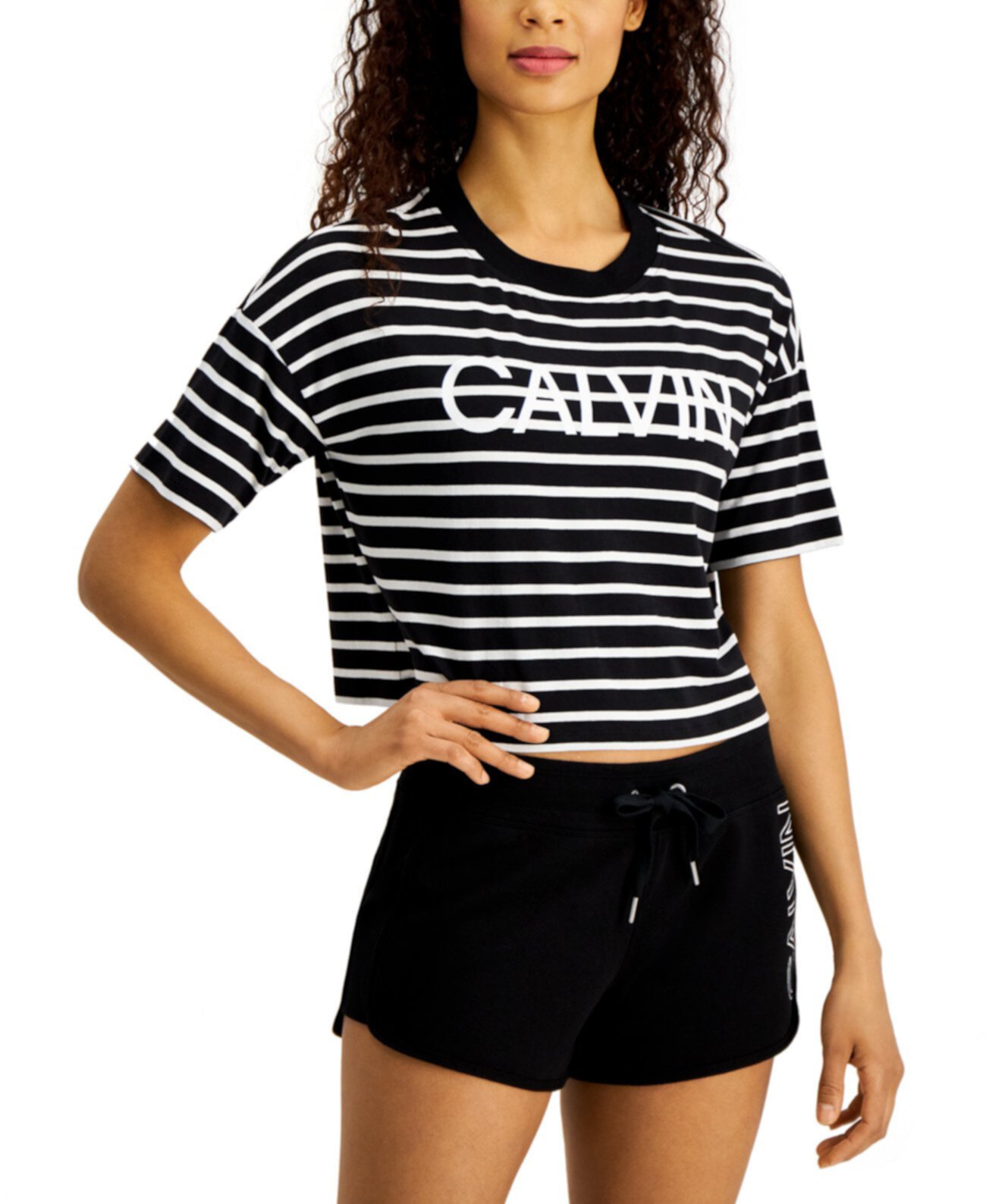 Укороченная футболка в полоску с логотипом Calvin Klein