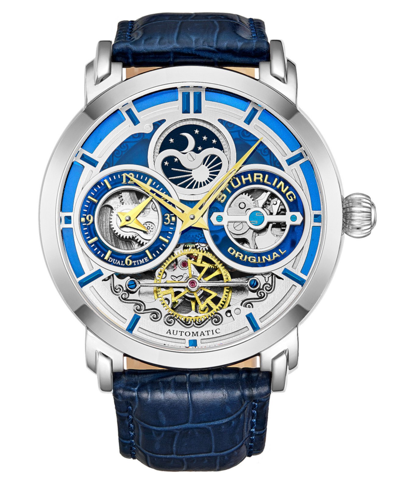 Мужские часы с синим кожаным ремешком 54мм Stuhrling