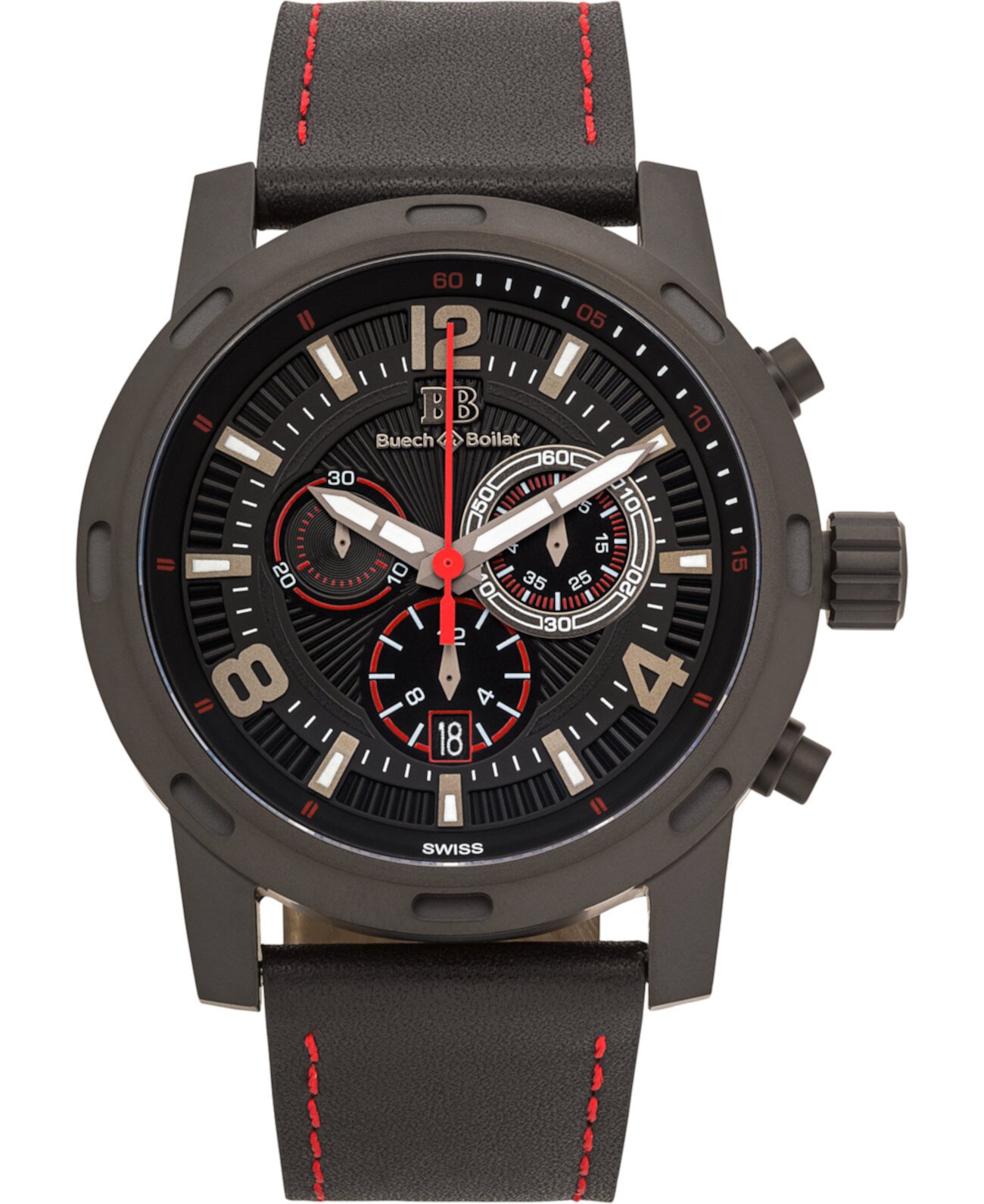 Мужские часы Baracchi Chronograph - черный кожаный ремешок, черный и красный циферблат, 46 мм Buech & Boilat