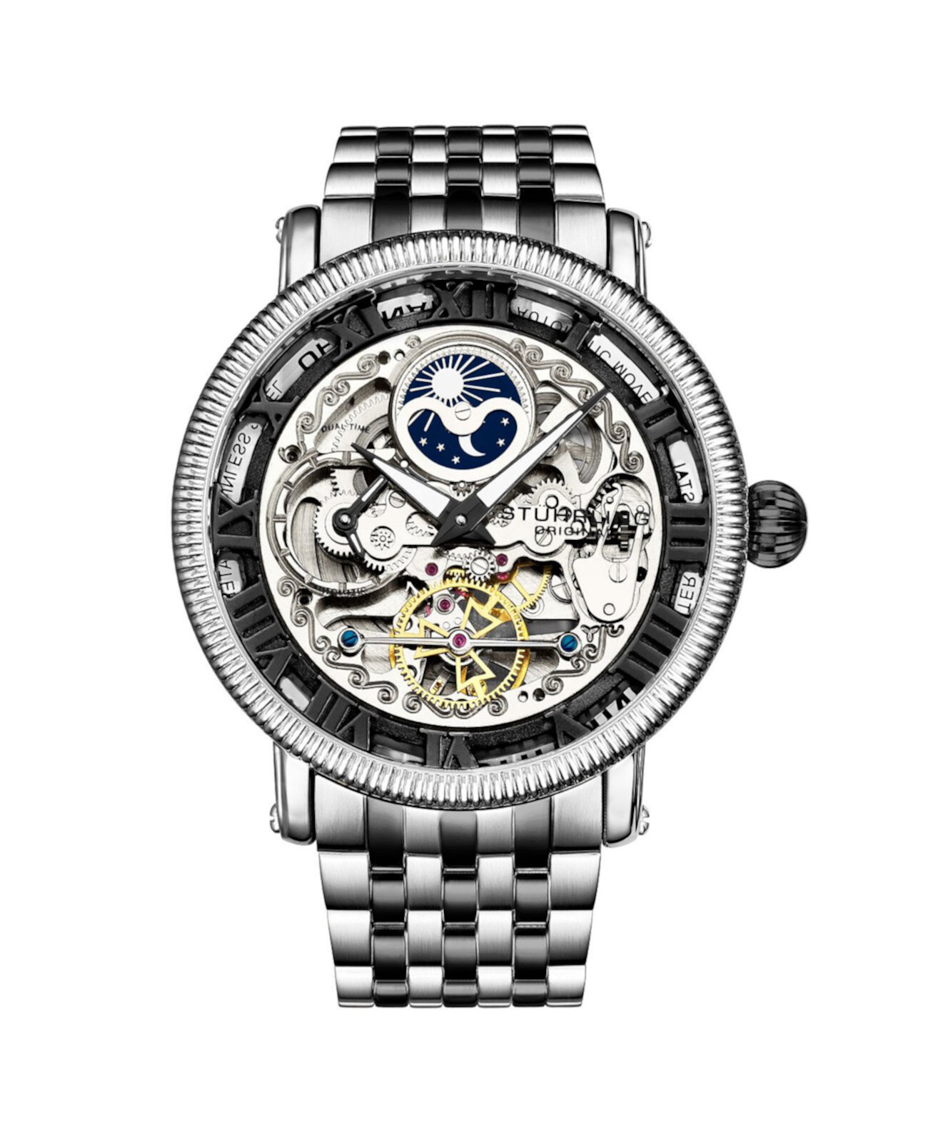 Мужские черные - серебряные часы-браслет из нержавеющей стали 49мм Stuhrling