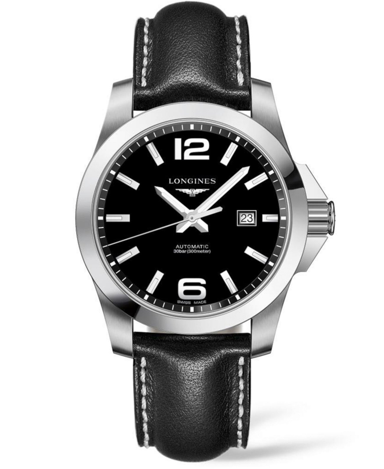 Мужские швейцарские автоматические часы HydroConquest с черным кожаным ремешком 43 мм Longines