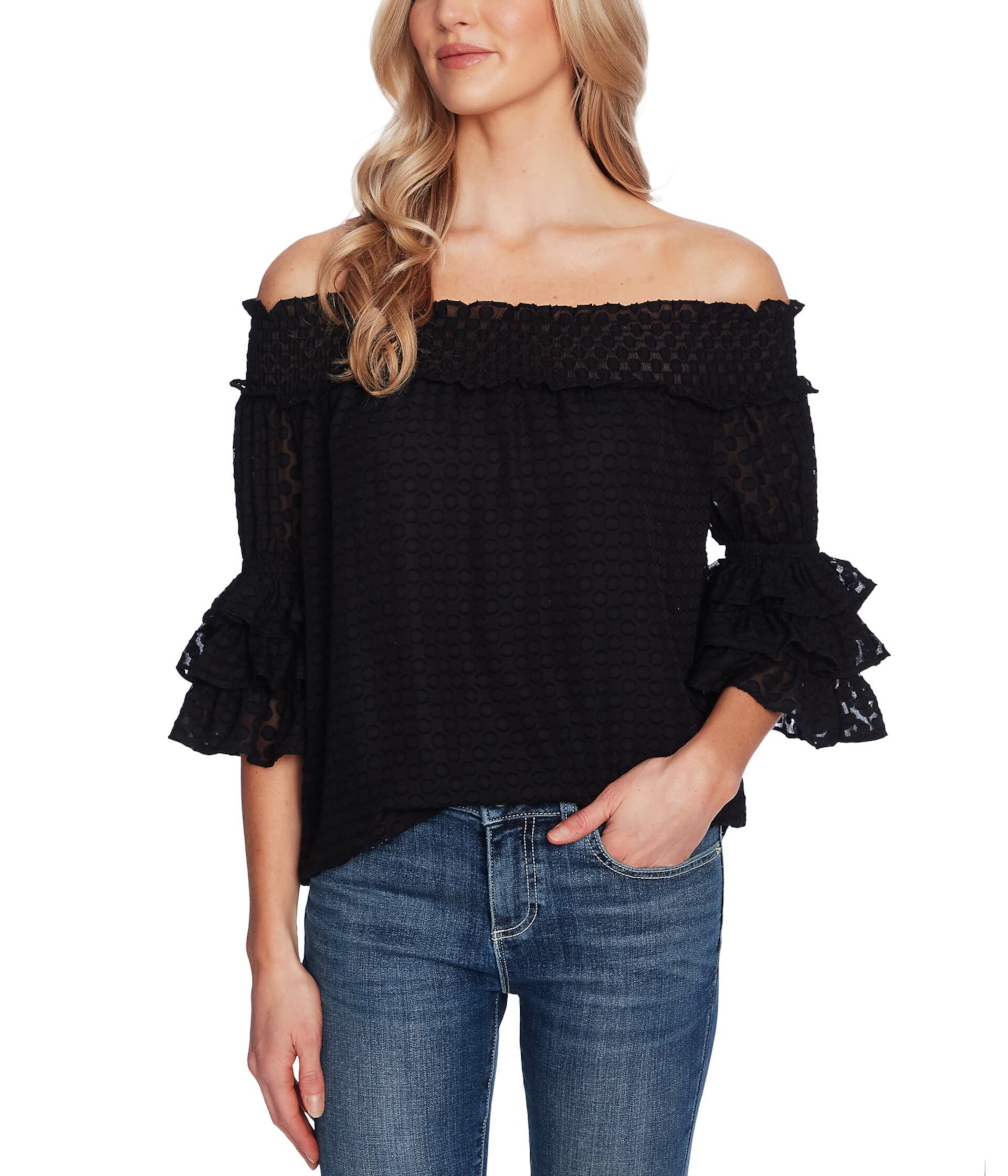 Off-the-Shoulder Clip Dot Blouse CeCe