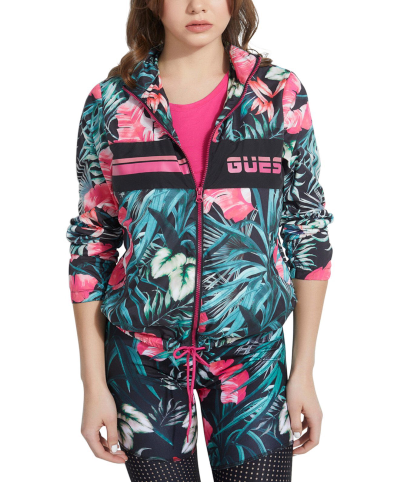 Куртка-ветровка с тропическим цветочным принтом GUESS