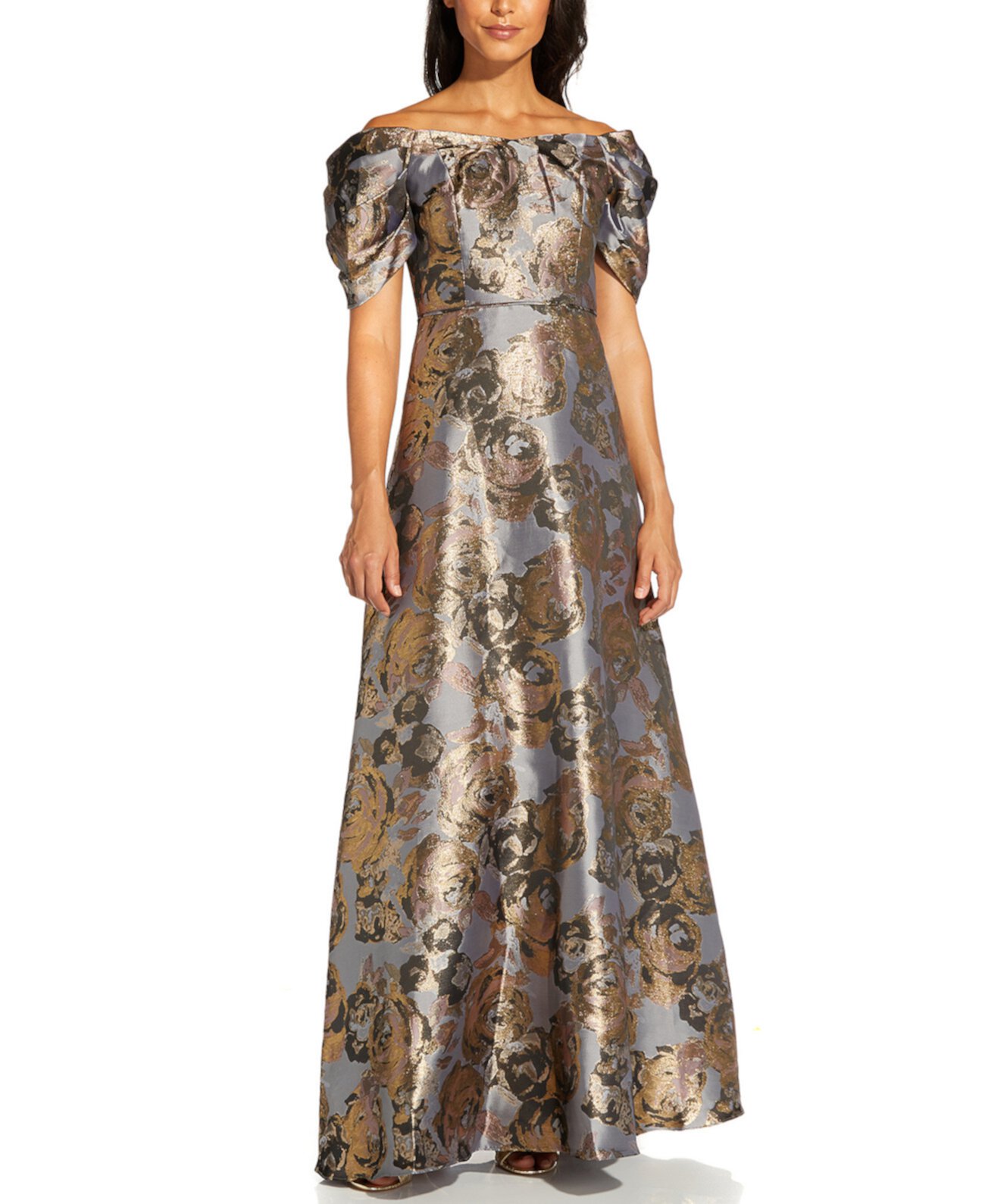 Миниатюрное платье с открытыми плечами и металлическим цветочным принтом Adrianna Papell