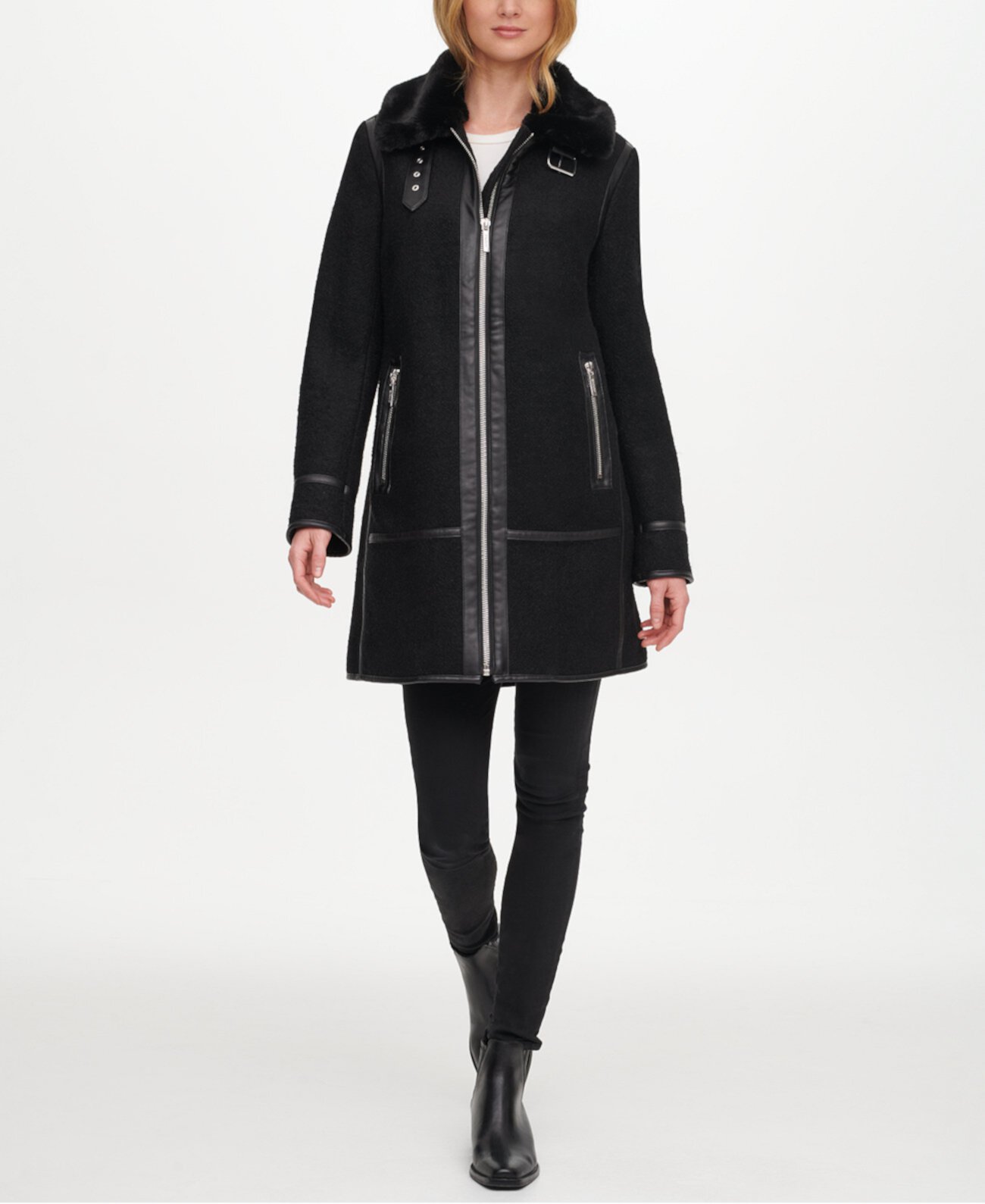 Пальто с отделкой из искусственного меха и искусственной кожи DKNY
