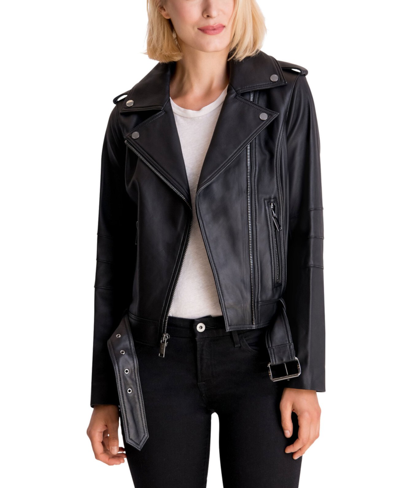 Кожаная байкерская куртка с поясом, созданная для Macy's Michael Kors